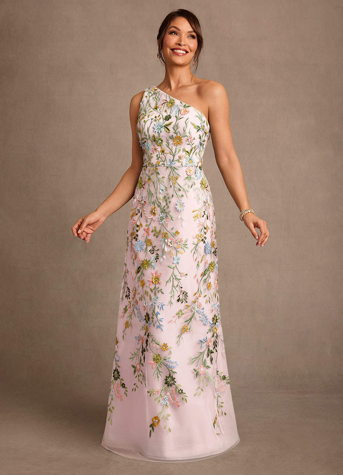 Bertie A-Line One-Shoulder Lace Mother of the Bride Dress in Blushing Pink