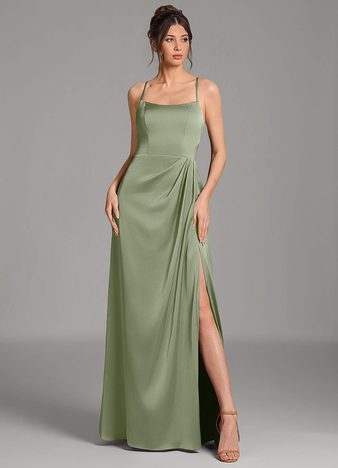 Frankie A-Line Scoop-Neck Stretch Satin Bridesmaid Dress in Pistachio