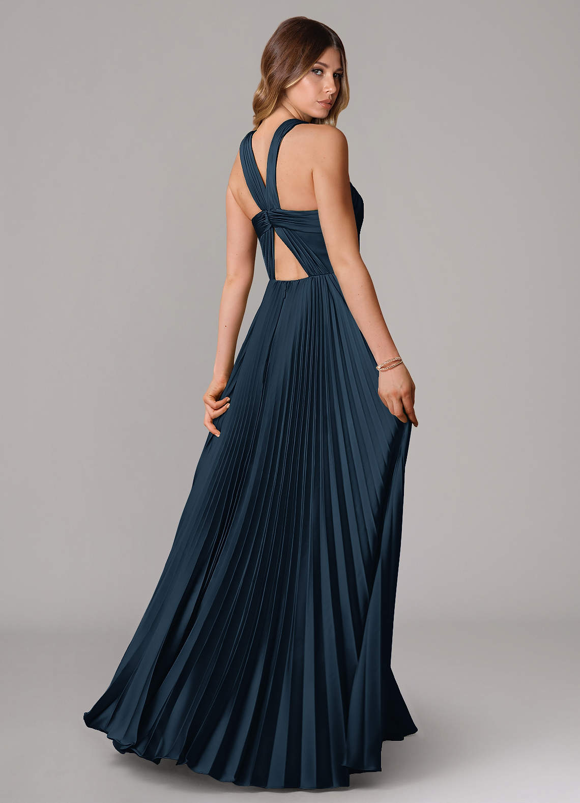 Afra A-Line Halter-Neck Stretch Satin Bridesmaid Dress in Dark Navy