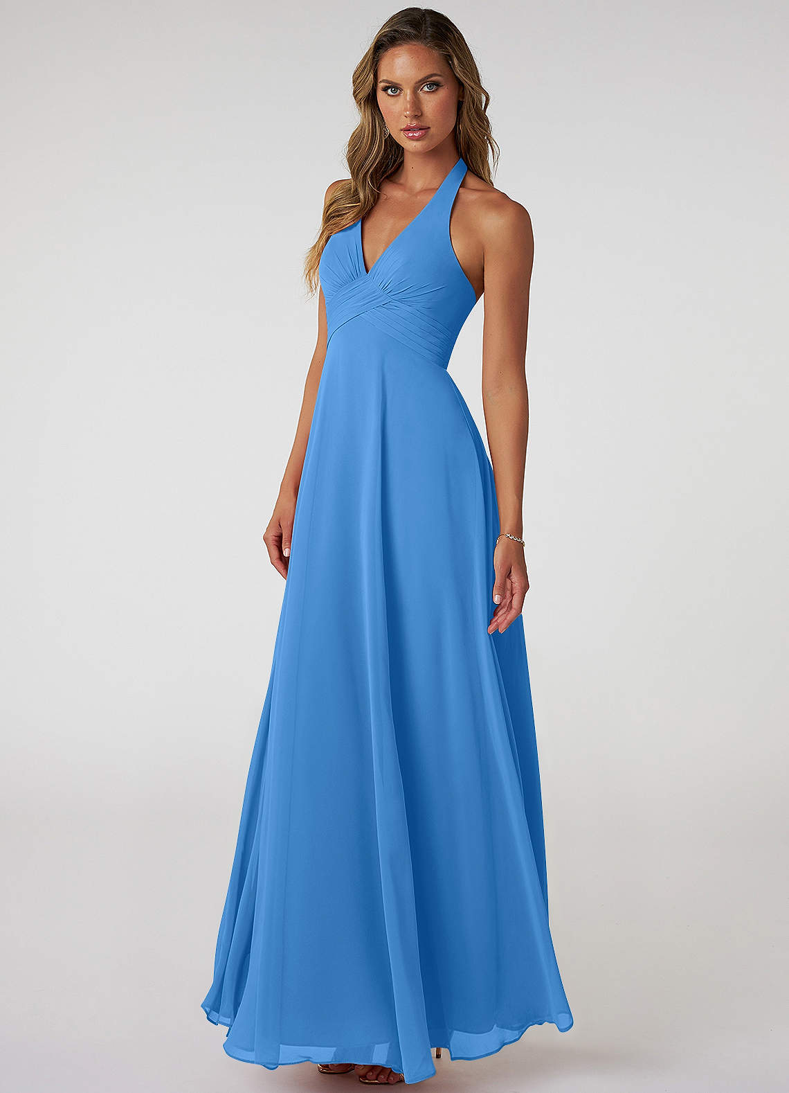 Tessie A-Line V-Neck Chiffon Bridesmaid Dress in Blue Jay