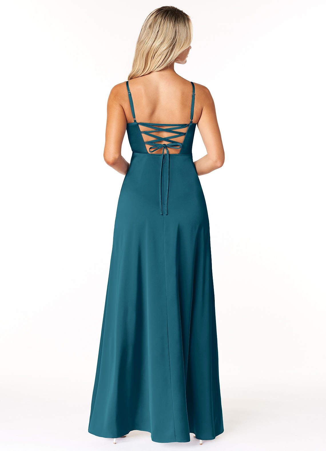 Marchella A-Line V-Neck Stretch Satin Bridesmaid Dress in Ink Blue