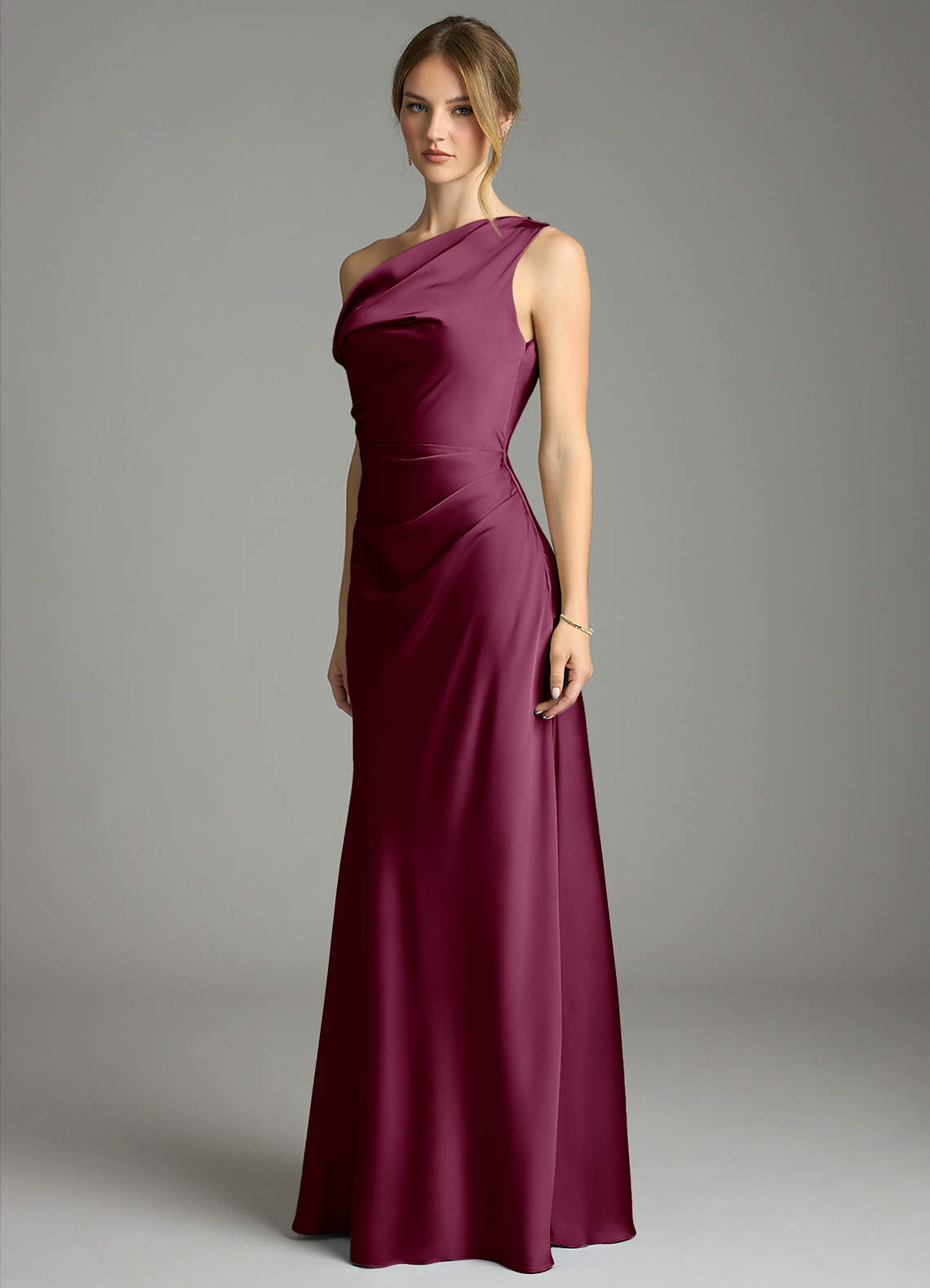 Emerson Mermaid One-Shoulder Stretch Satin Bridesmaid Dress in Mulberry