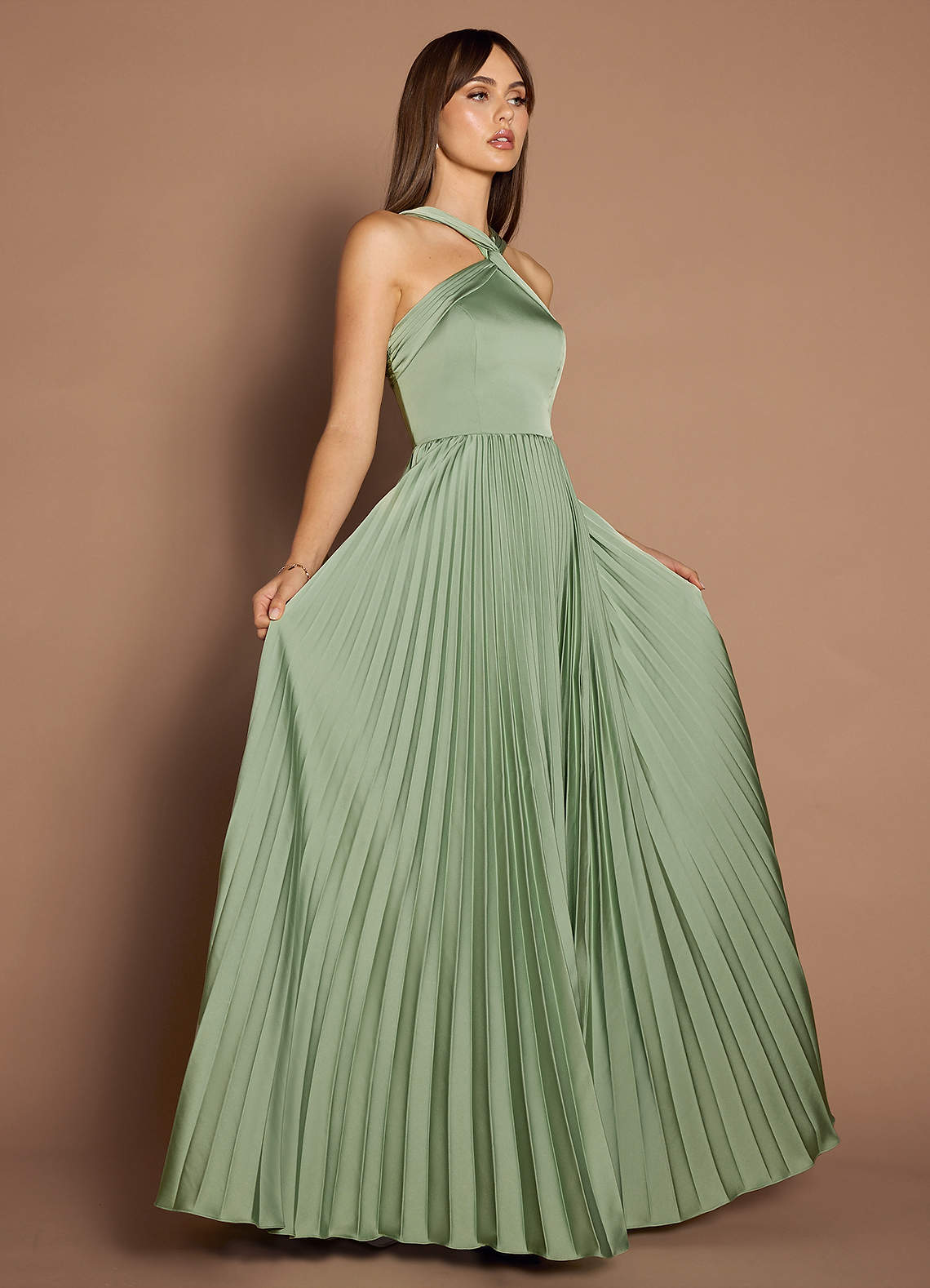 Afra A-Line Pleated Stretch Satin Wedding Guest Dress in Dusty Sage