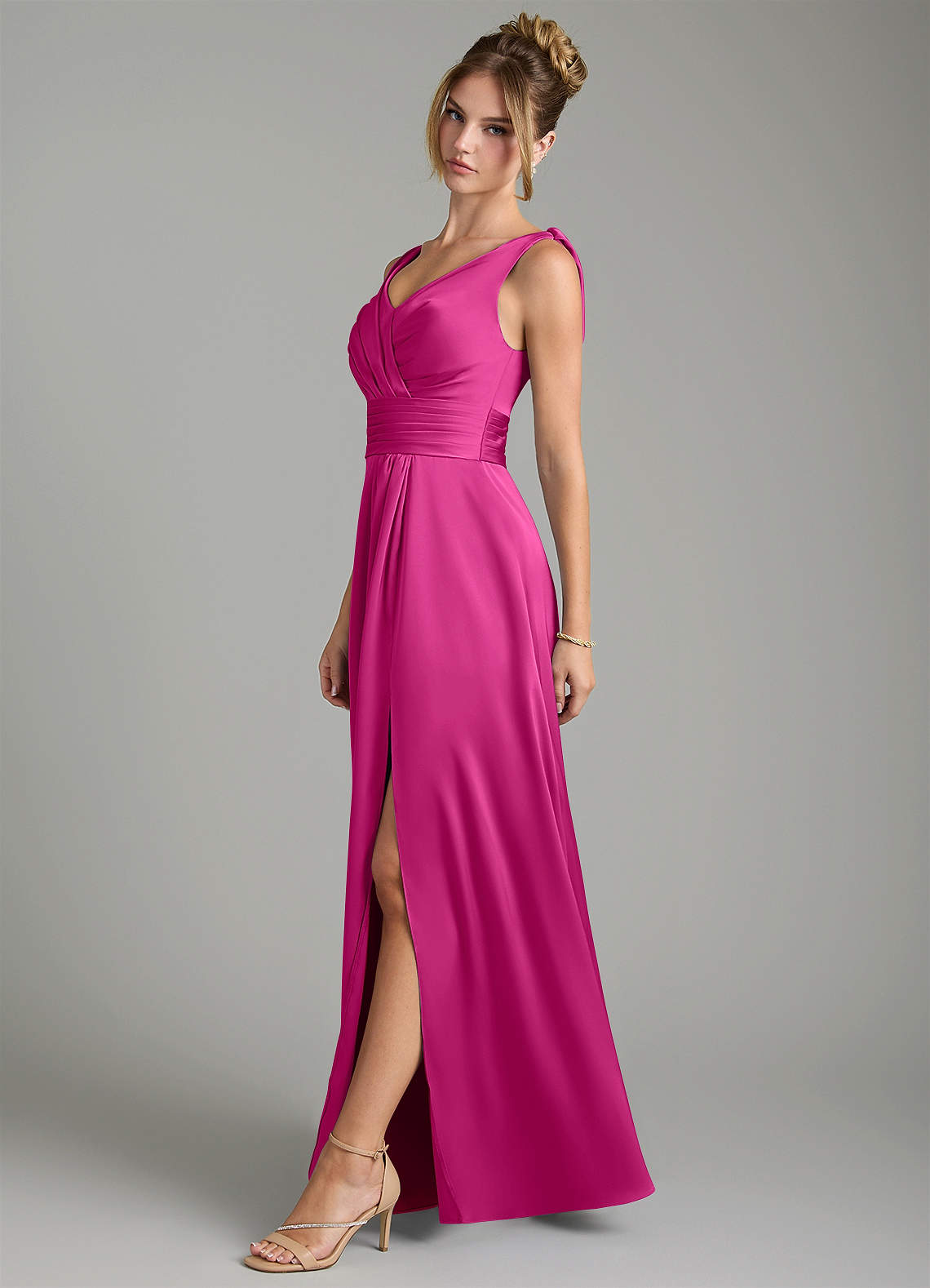 Karina A-Line V-Neck Stretch Satin Bridesmaid Dress in Fuchsia