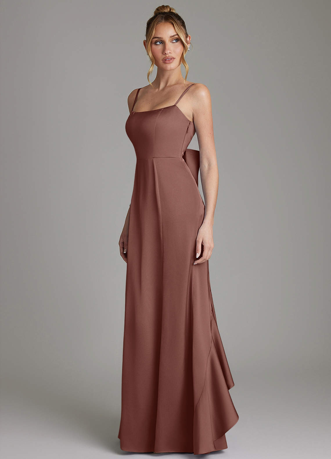 Zherra Mermaid Scoop-Neck Stretch Satin Bridesmaid Dress in Espresso