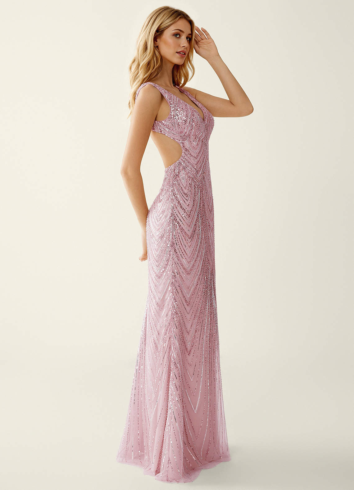 Hazelen Plunging V-Neck Chevron Sequin Tulle Evening Dress in Solid Navy