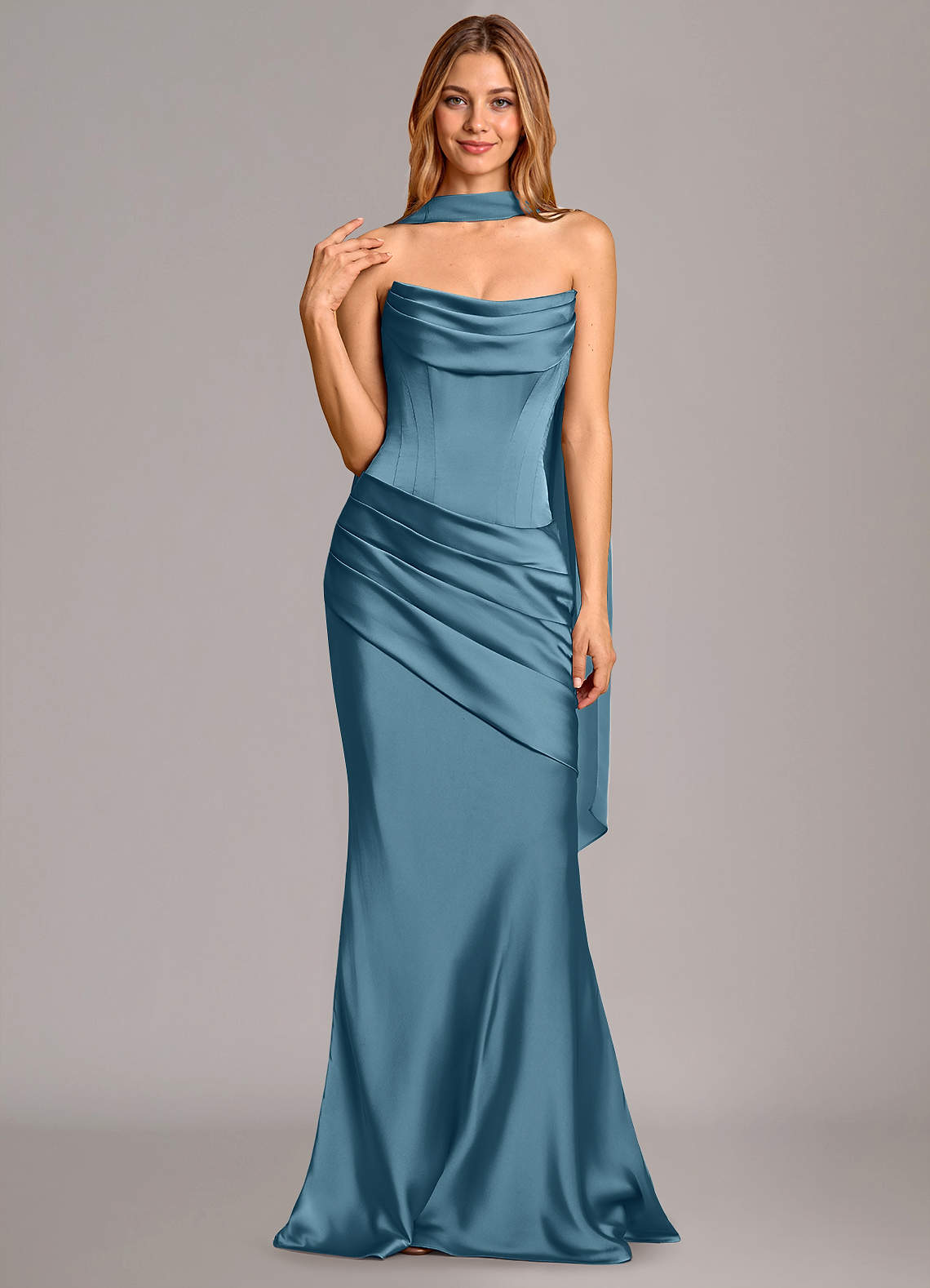 Pelagia Mermaid Cowl-Neck Stretch Satin Bridesmaid Dress in Bermuda