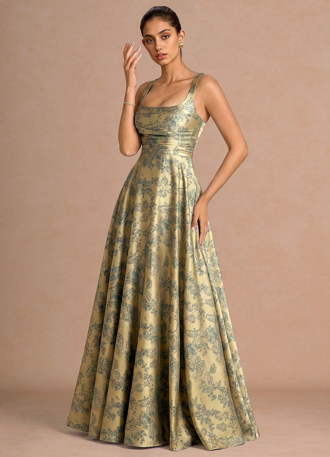 Azaria A-Line Square-Neck Jacquard Evening Dress in Green Brown