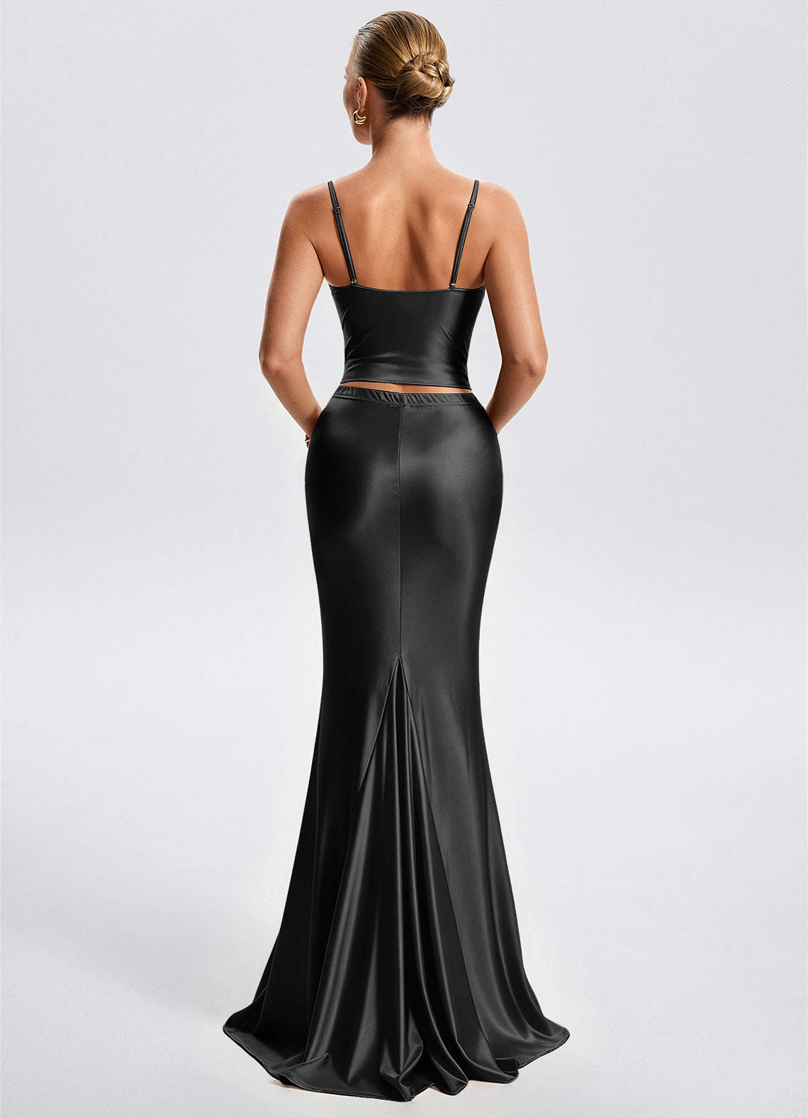 Fernley Mermaid Corset Stretch Satin Evening Dress in Black