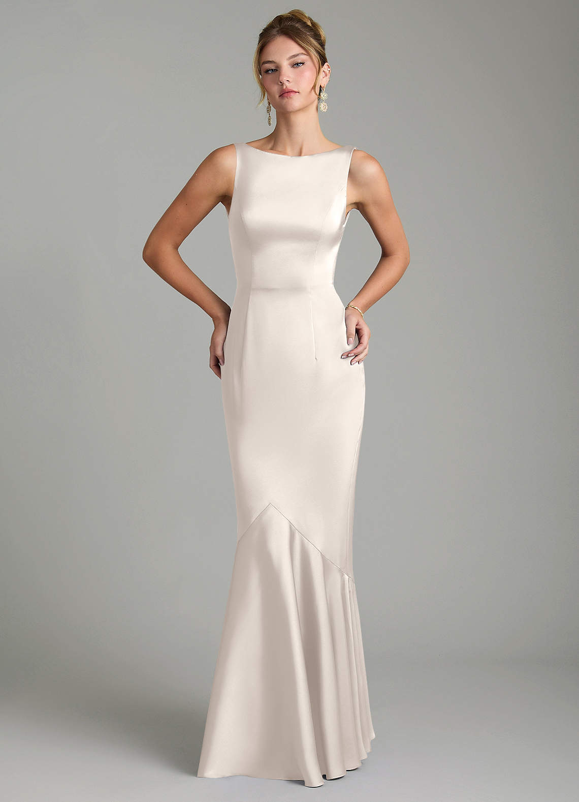 Tamera Mermaid Boat-Neck Stretch Satin and Chiffon Bridesmaid Dress in White Alabaster