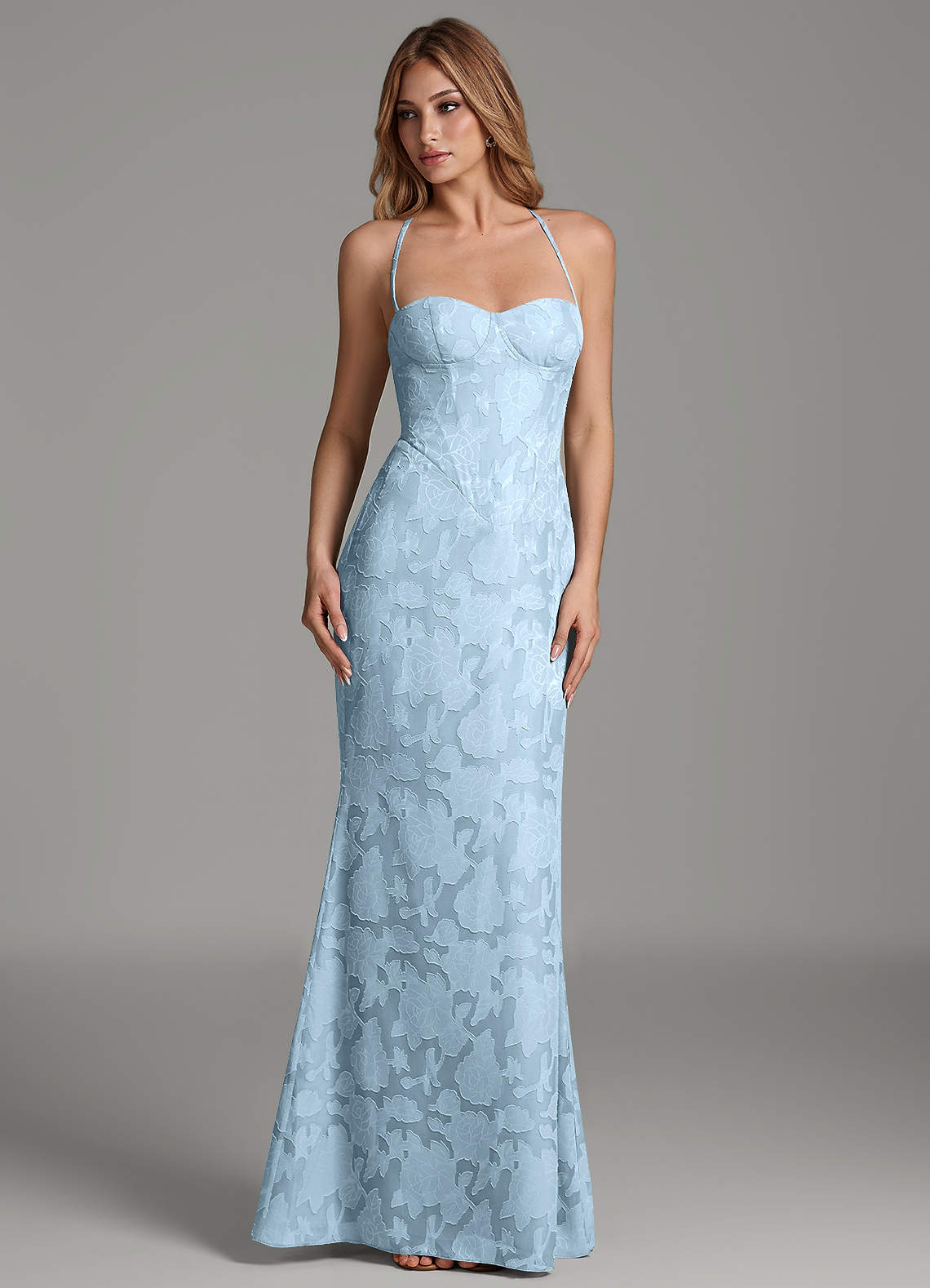 Dara Mermaid Sweetheart Floral Burnout Bridesmaid Dress in Sky Blue