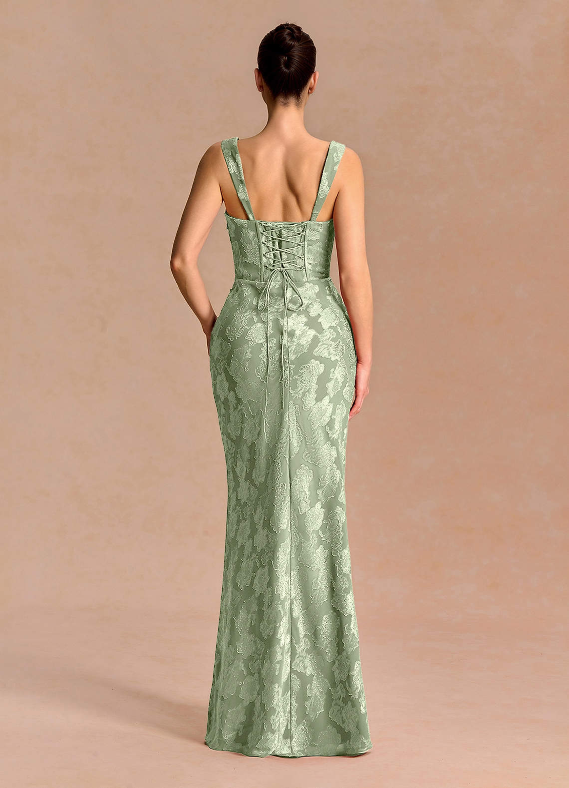 Agustina Square-Neck Pleated Fil Coupé Evening Dress in Light Green