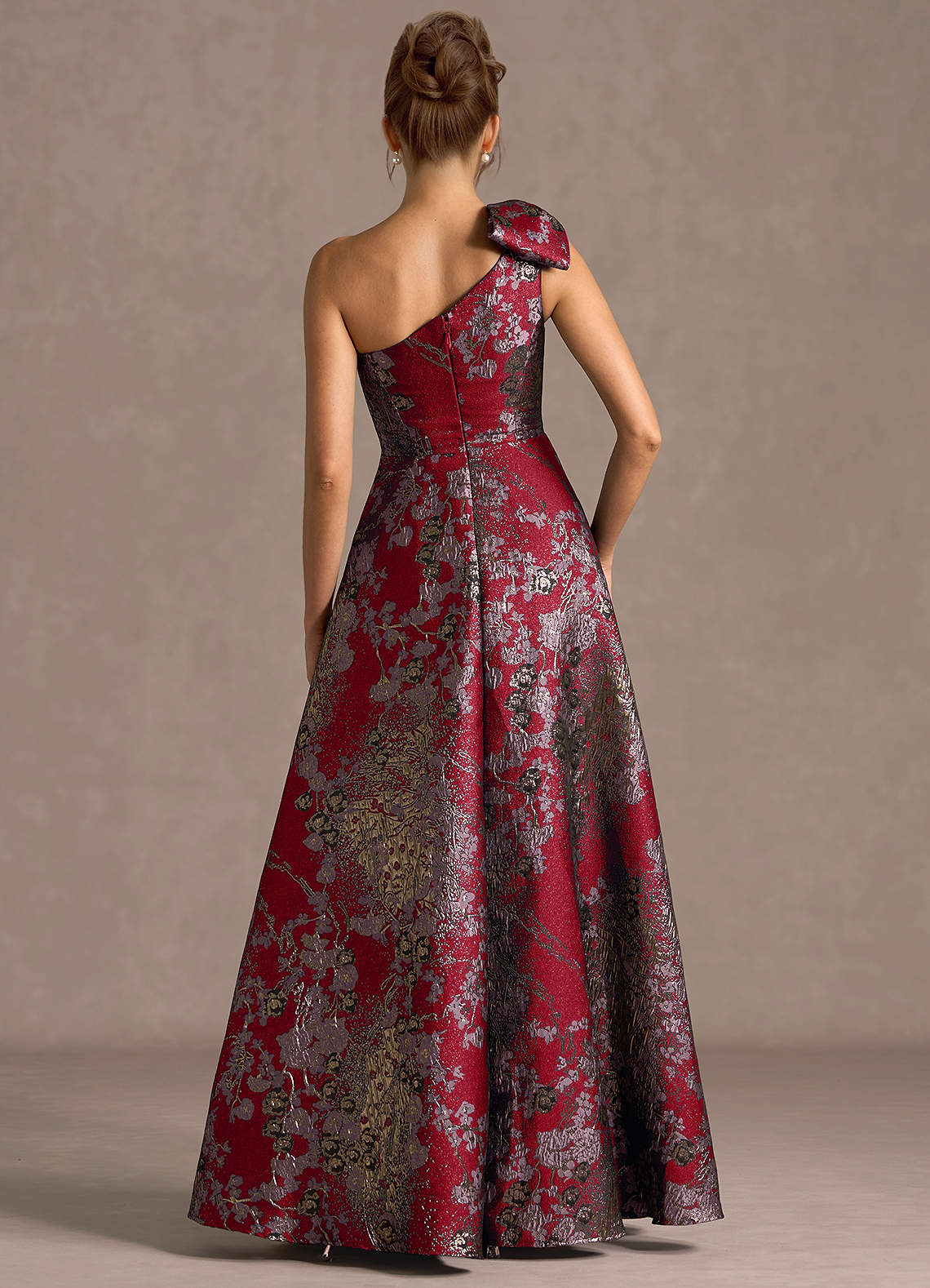 Jonelle A-Line One-Shoulder Metallic Jacquard Evening Dress in Merlot