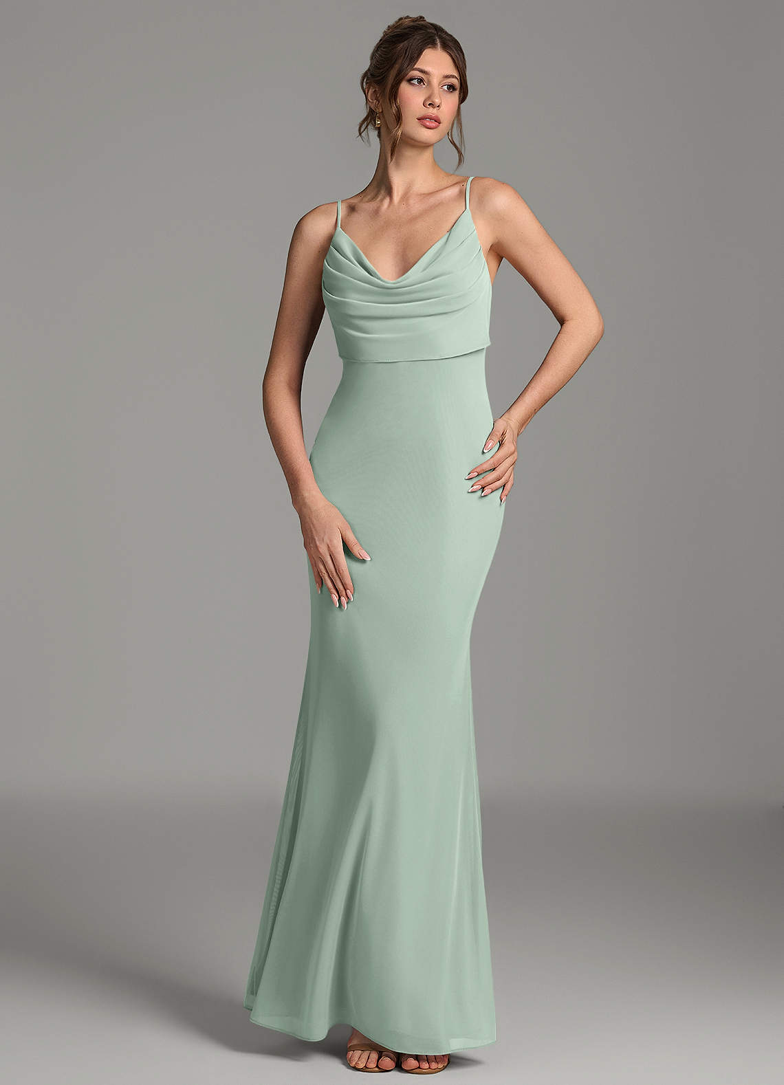Zari Mermaid Cowl-Neck Mesh Bridesmaid Dress in Agave