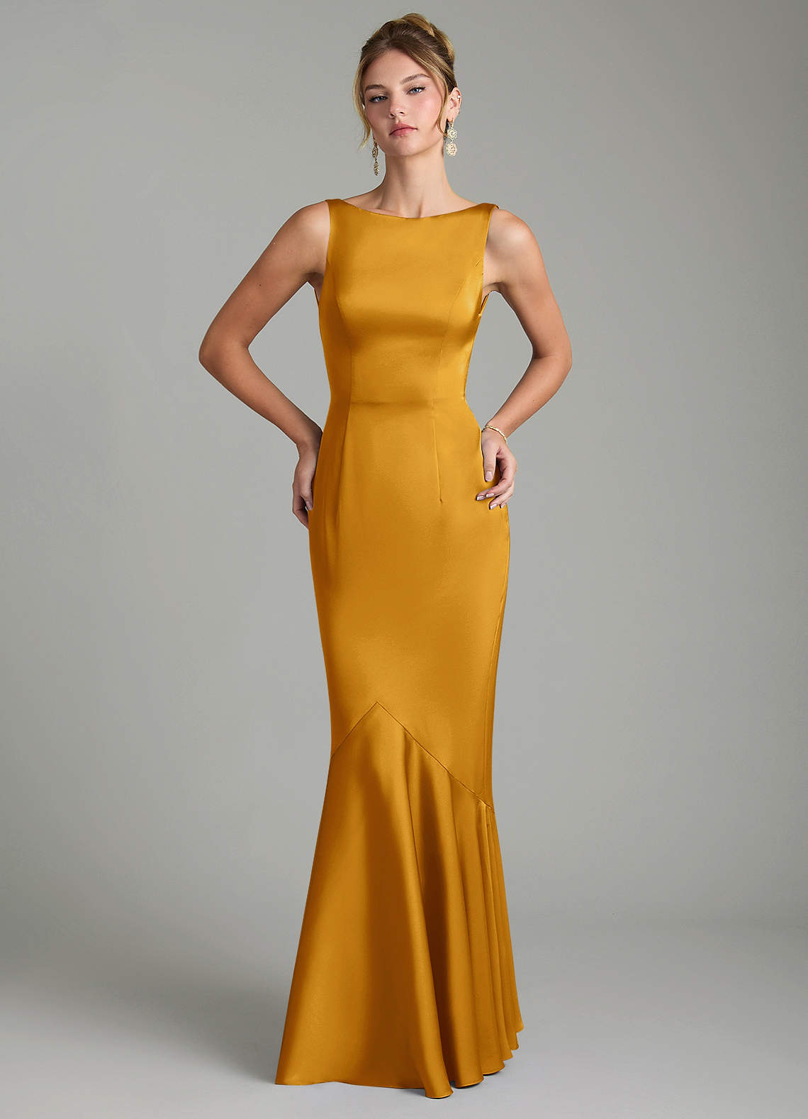 Tamera Mermaid Boat-Neck Stretch Satin and Chiffon Bridesmaid Dress in butterscotch