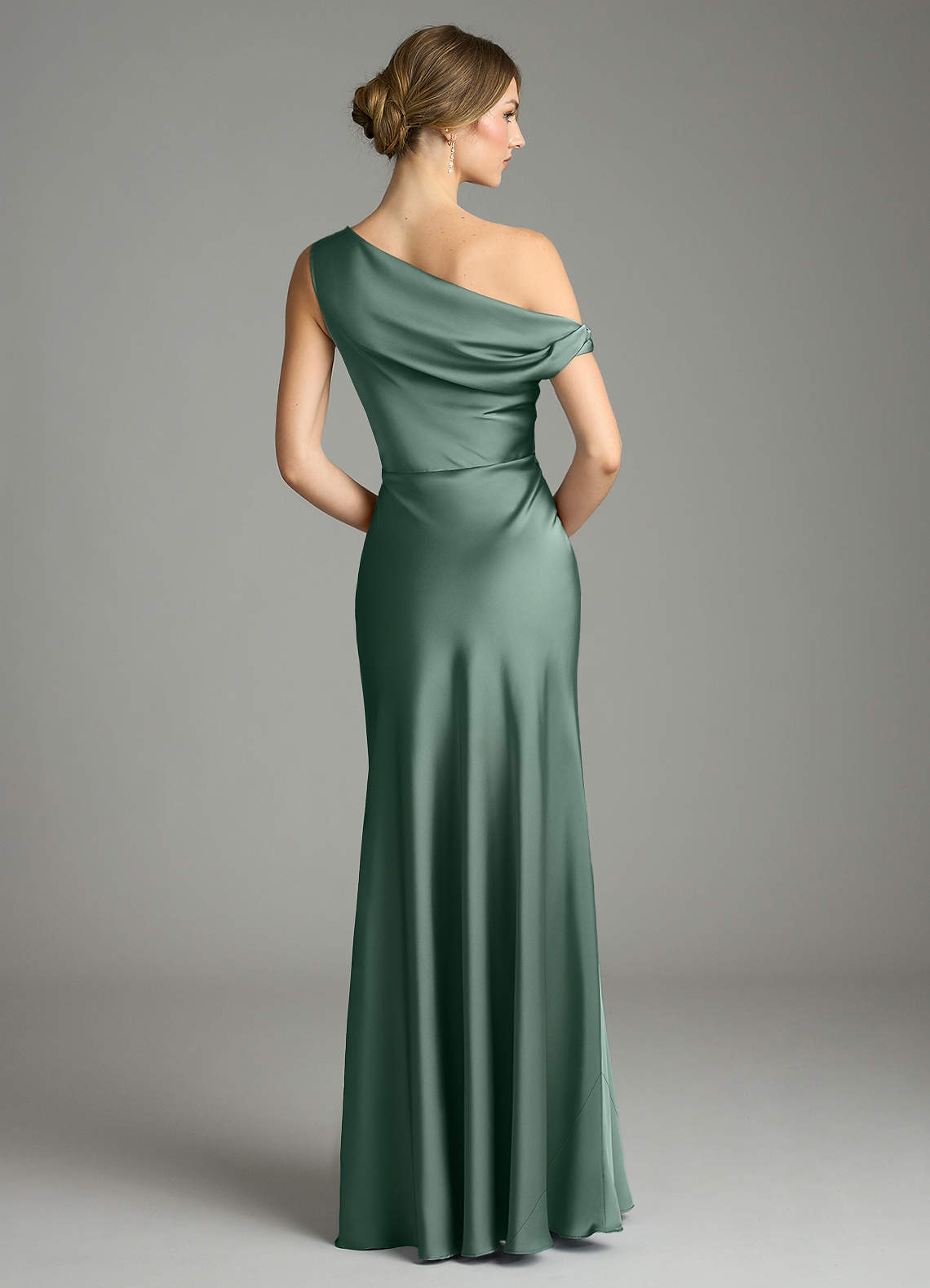 Emerson Mermaid One-Shoulder Stretch Satin Bridesmaid Dress in Eucalyptus