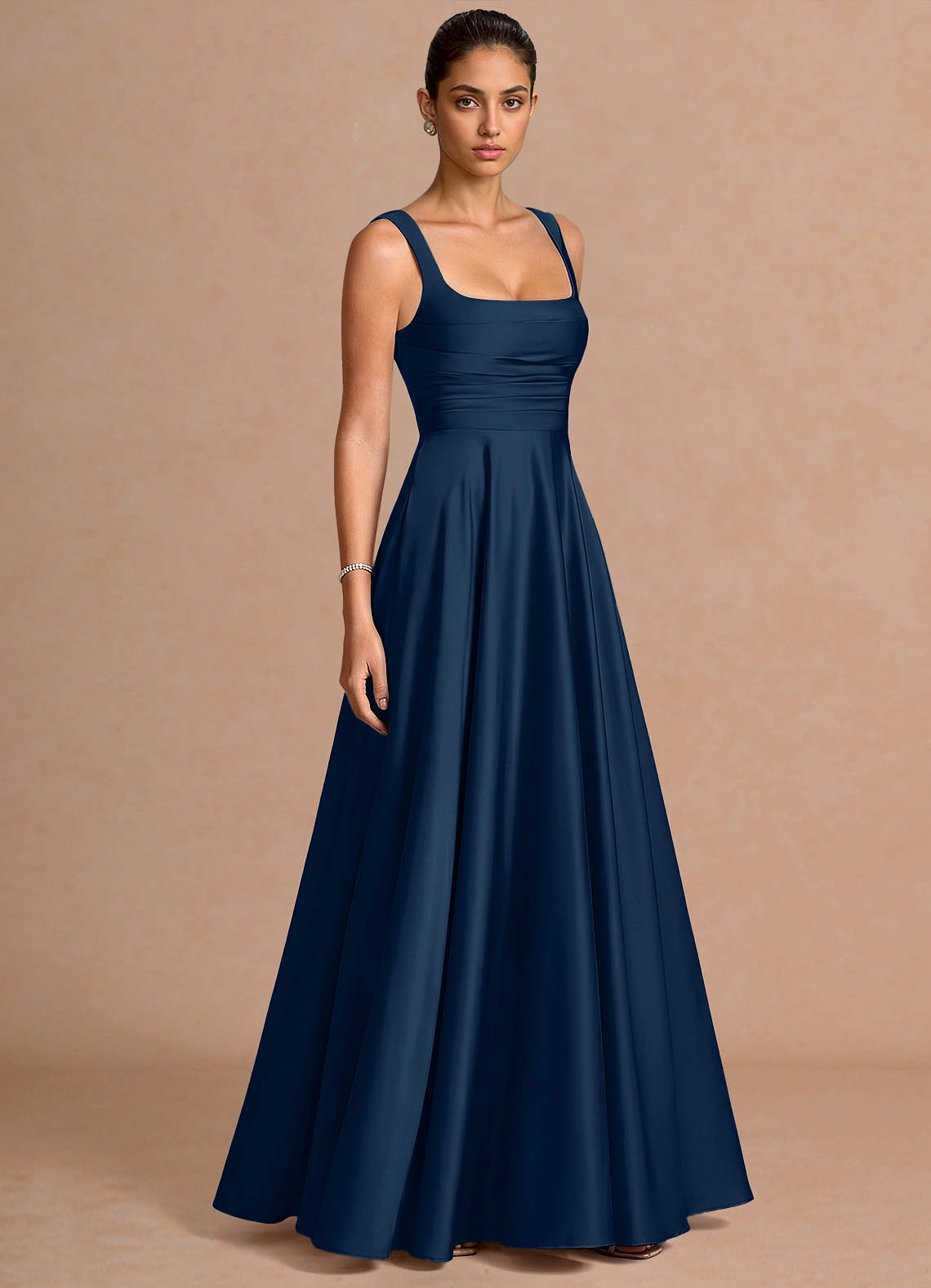 Azaria A-Line Square-Neck Stretch Satin Wedding Guest Dress in Navy