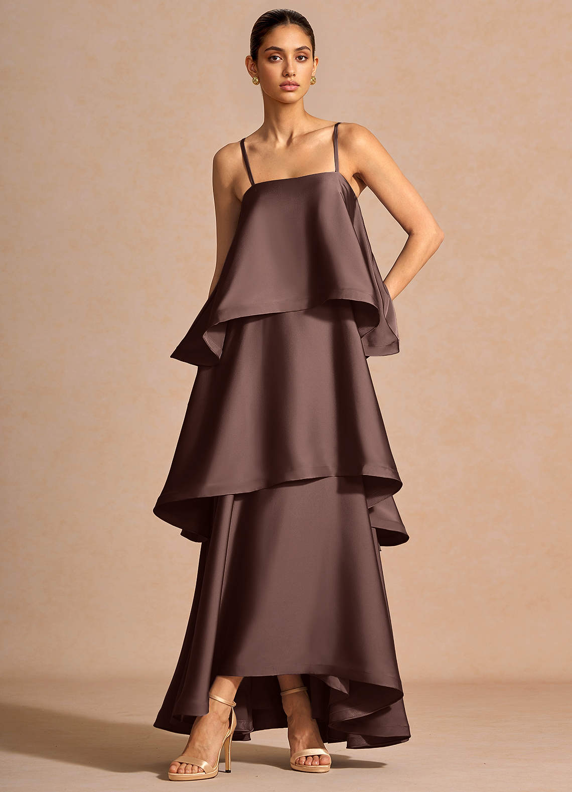 Itasca A-Line Tiered Stretch Satin Wedding Guest Dress in Lemon Green