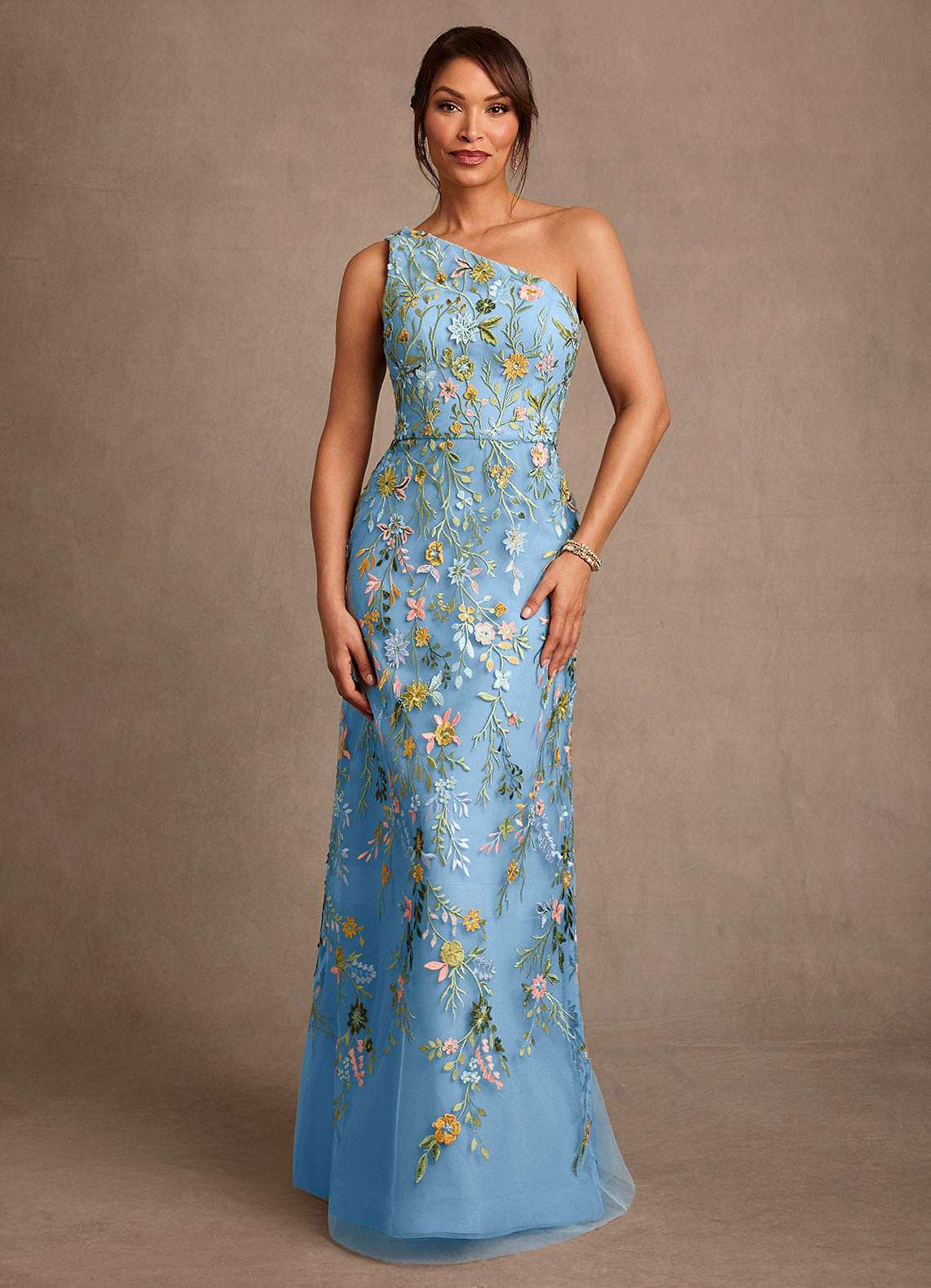 Bertie A-Line One-Shoulder Lace Mother of the Bride Dress in Steel Blue