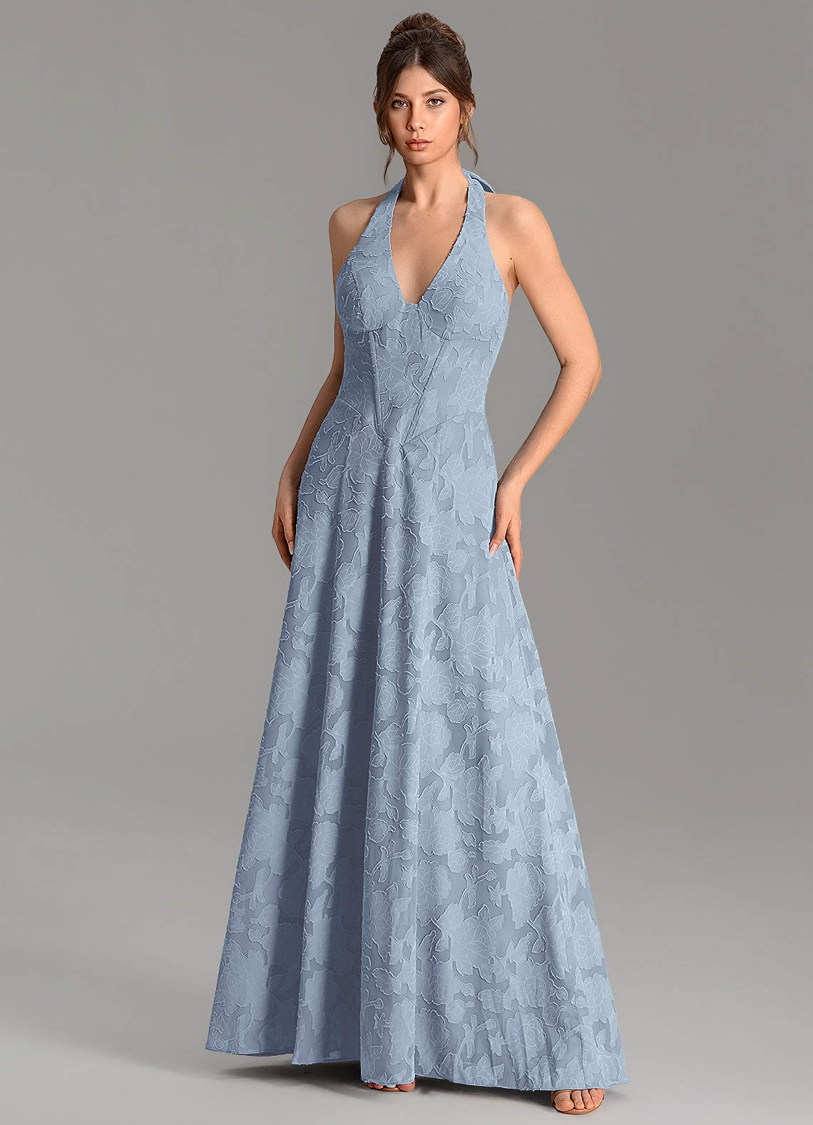 Nia A-Line V-Neck Floral Burnout Bridesmaid Dress in dusty blue