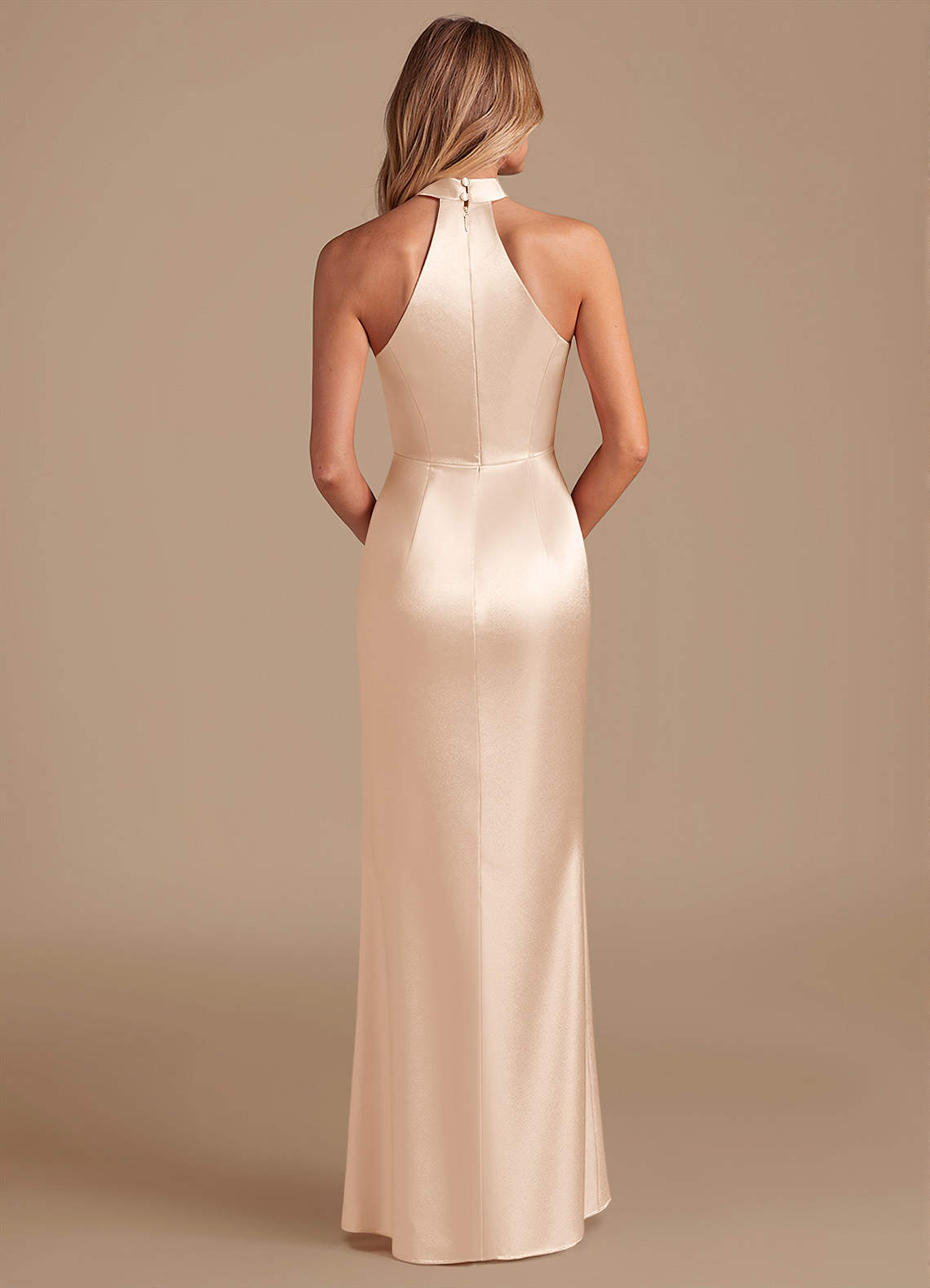 Karlotta Sheath Halter-Neck Metallic Satin Bridesmaid Dress in Blushing Pink