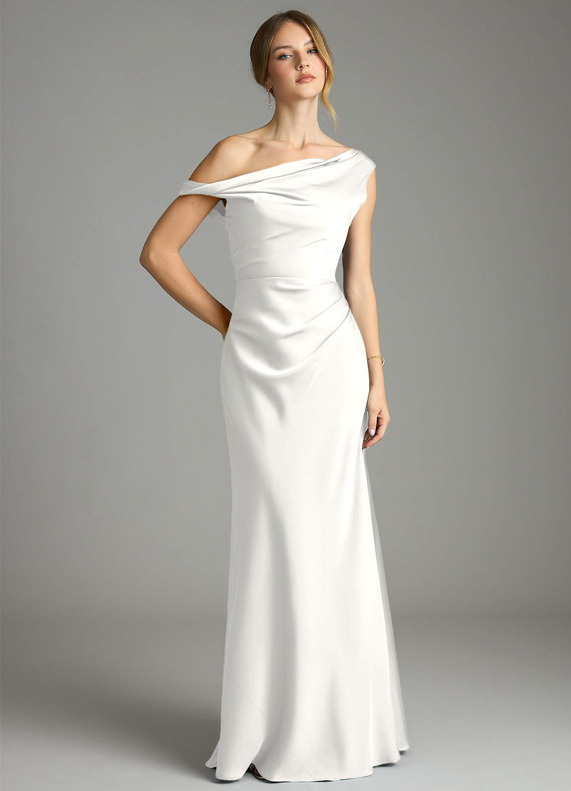 Emerson Mermaid One-Shoulder Stretch Satin Bridesmaid Dress in white