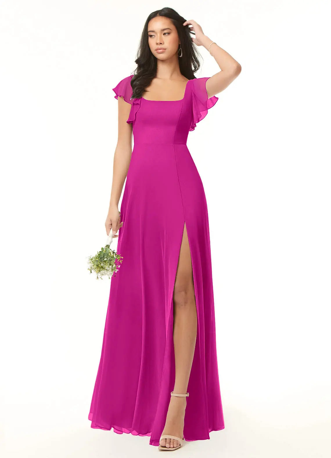 Bondi A-Line Square-Neck Chiffon Bridesmaid Dress in Fuchsia
