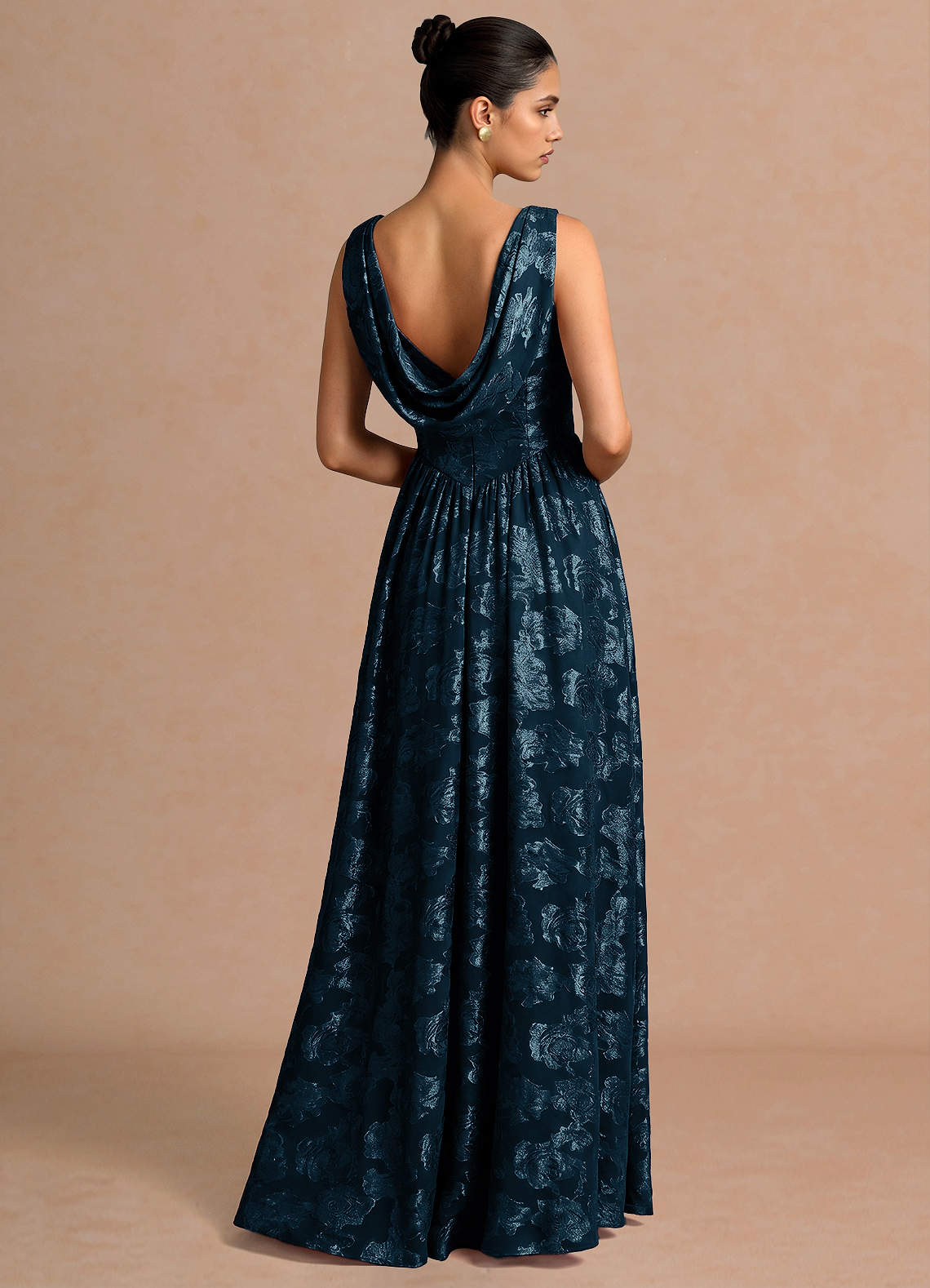 Novi A-Line Draped-Neck Floral Fil Coupé Evening Dress in Navy