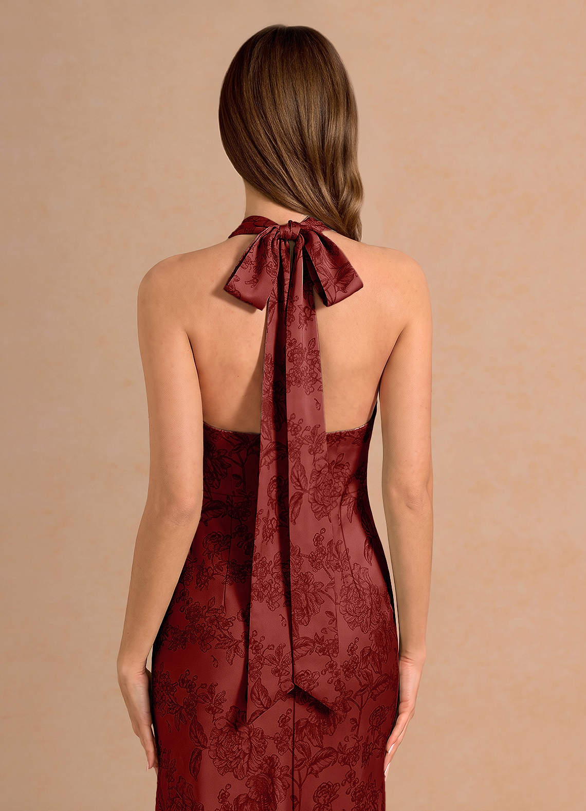 Ottoline Plunging V-Neck Open-Back Jacquard Evening Dress in Orange Red
