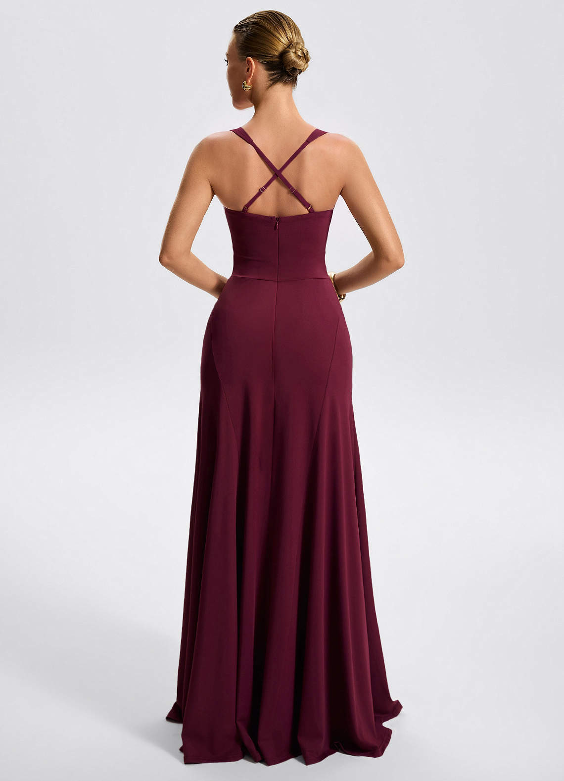 Zephira Fitted Sweetheart Godet Stretch Jersey Wedding Guest Dress in Cabernet