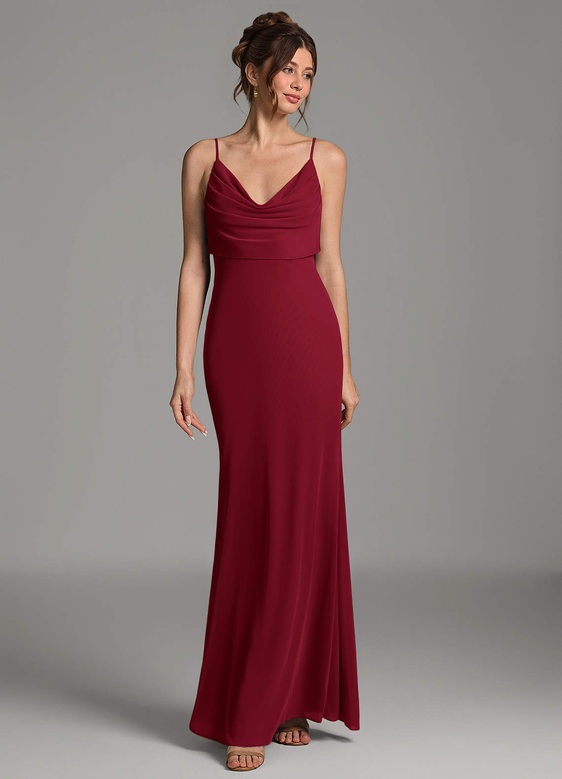 Zari Mermaid Cowl-Neck Mesh Bridesmaid Dress in Burgundy