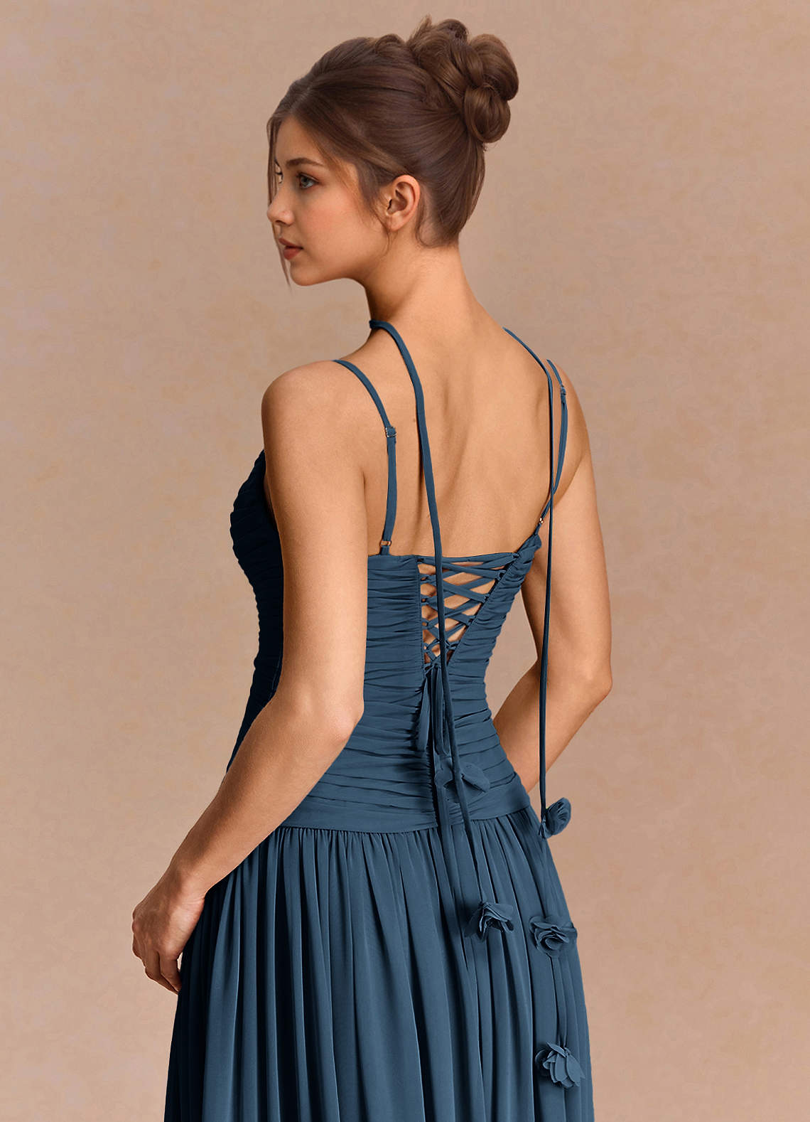 Eulalie A-Line Floral-Appliqué Chiffon Evening Dress in Navy