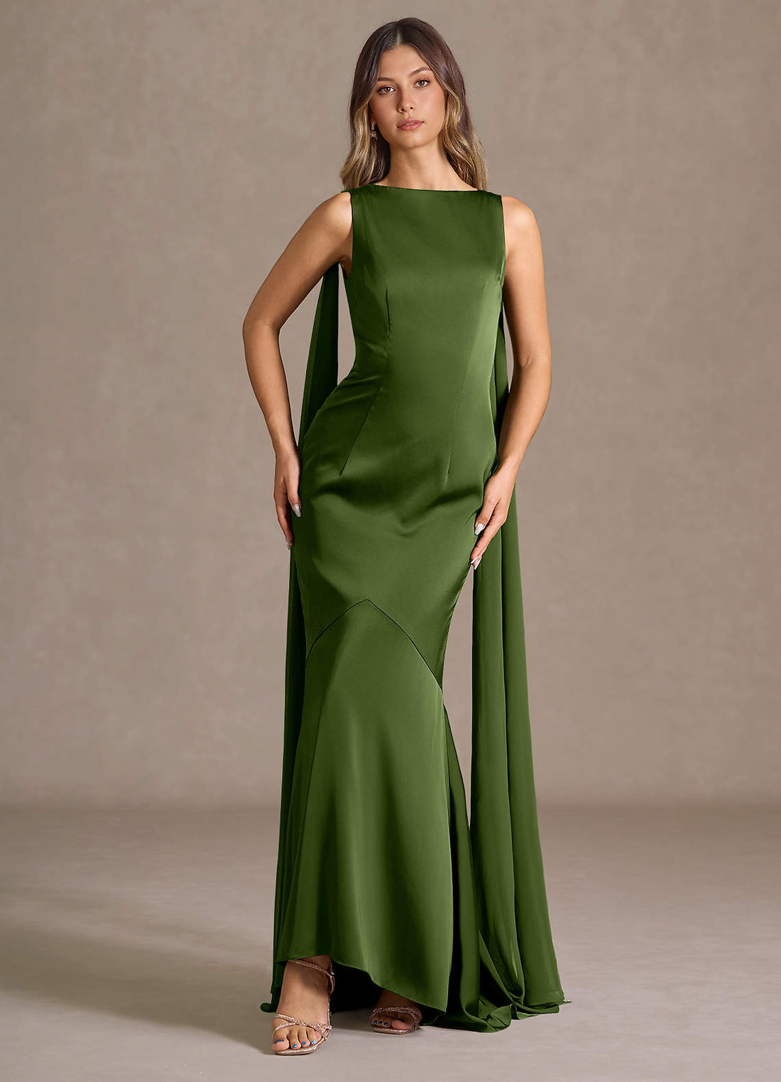 Wynne Mermaid Shoulder-Scarf Stretch Satin Evening Dress in Olive