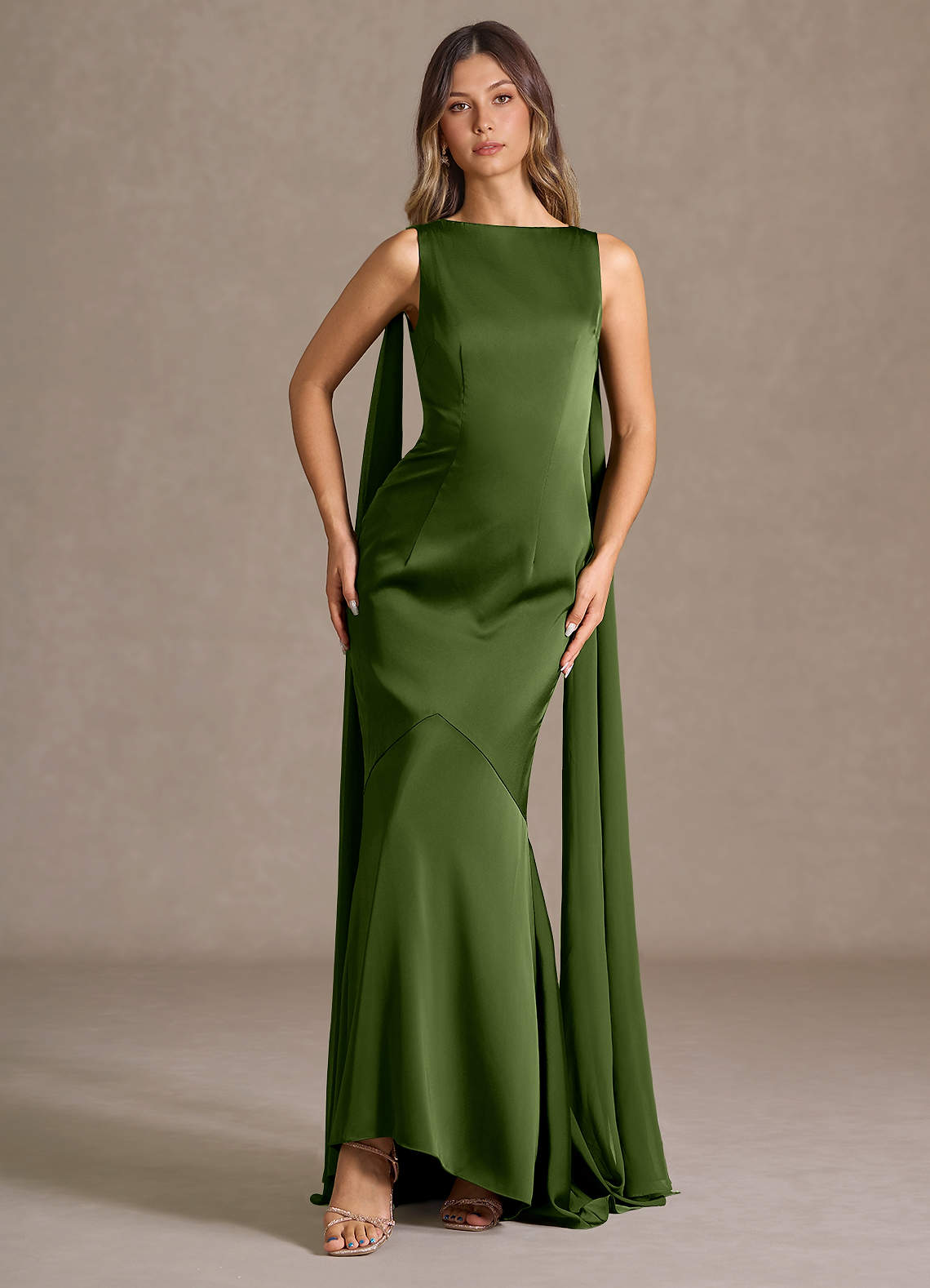 Wynne Mermaid Shoulder-Scarf Stretch Satin Evening Dress in Olive