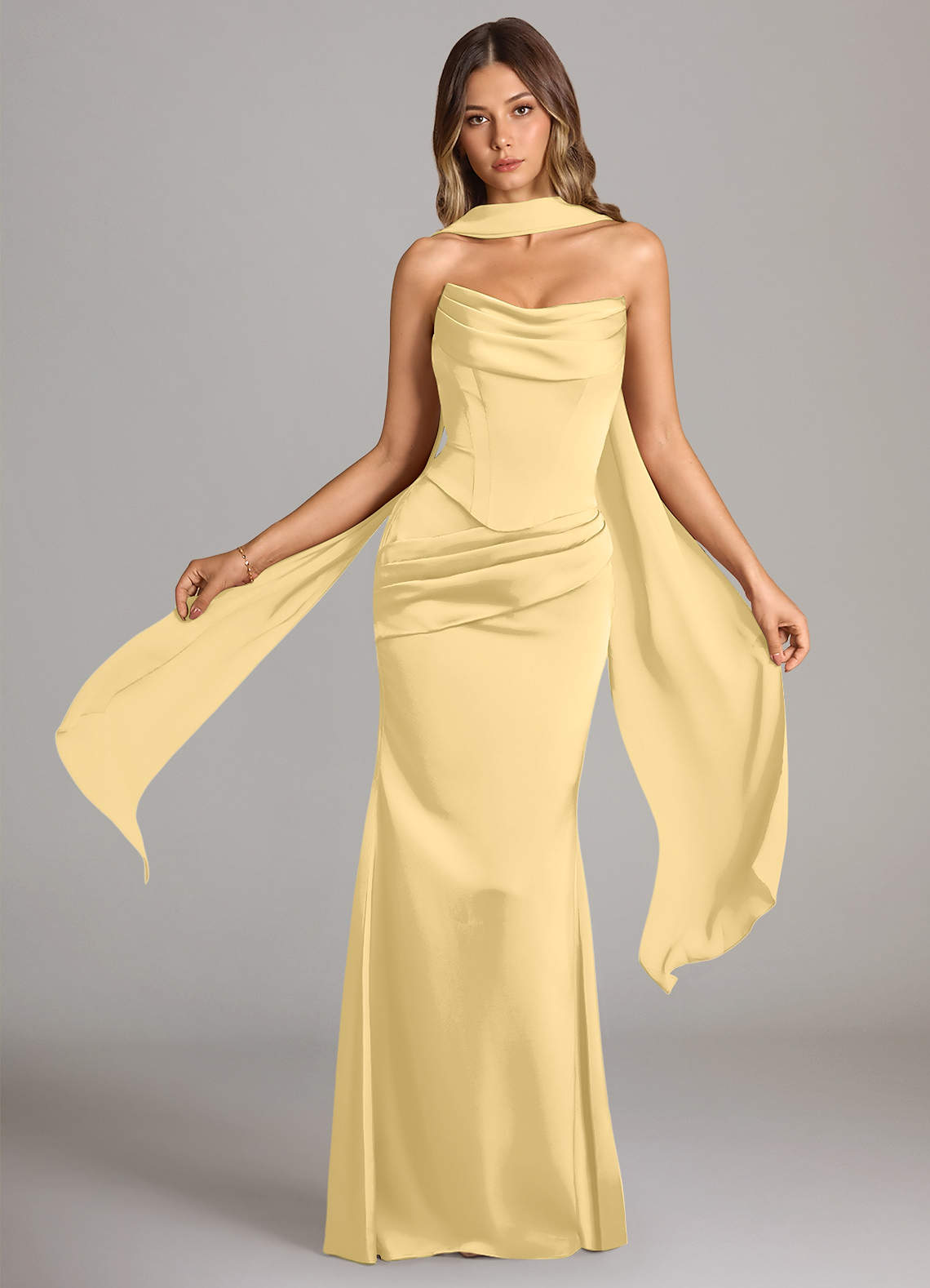 Sorrel Mermaid Cowl-Neck Stretch Satin and Chiffon Bridesmaid Dress in Butter