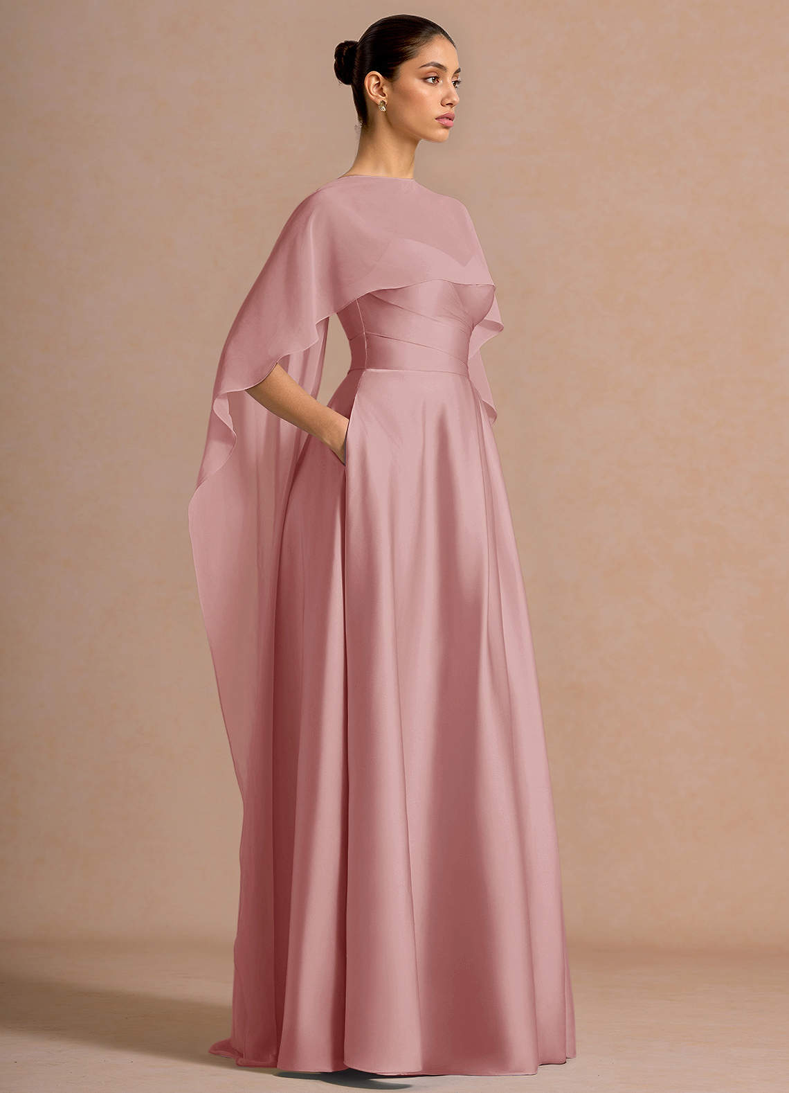 Nancy A-Line V-Neck Stretch Satin and Chiffon Evening Dress in Light Pink