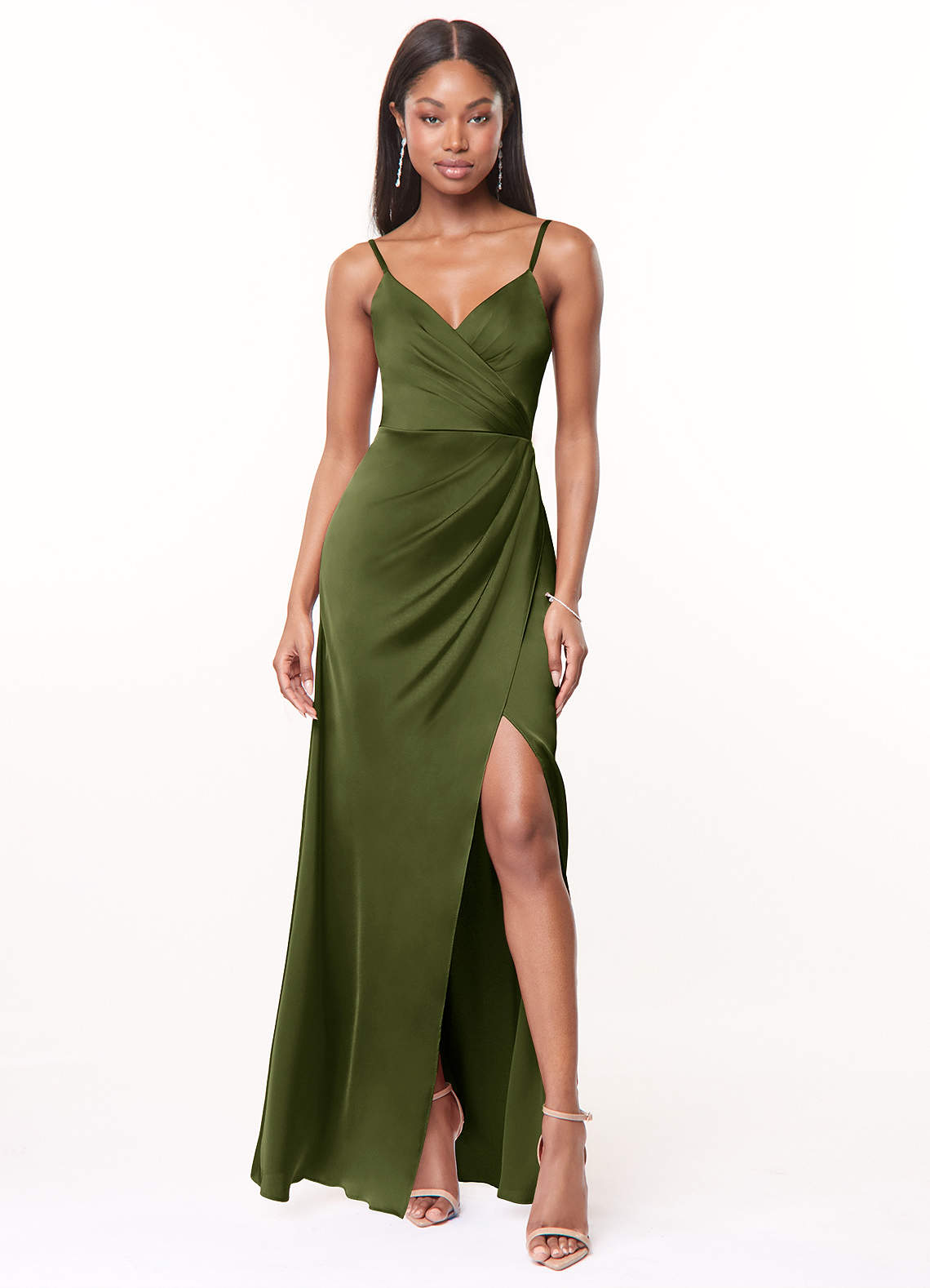 Maci A-Line V-Neck Stretch Satin Bridesmaid Dress in Olive