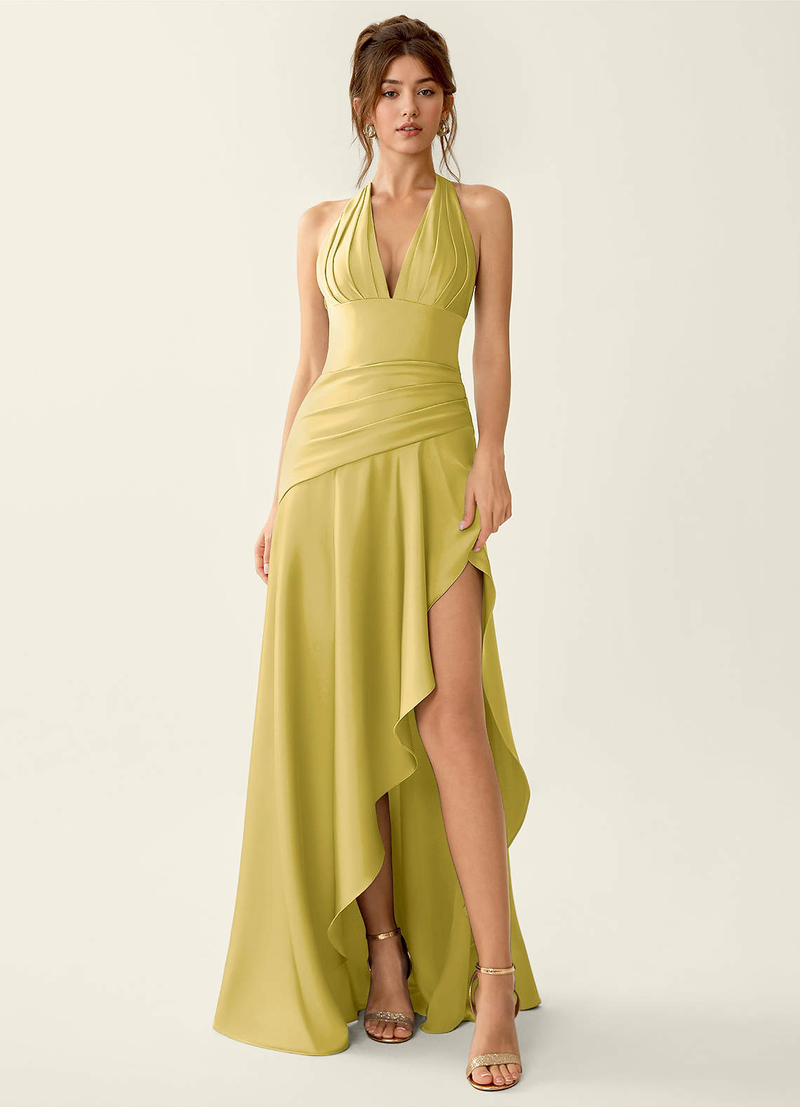 Titania Halter Asymmetric-Ruffle Satin Evening Dress in Pastel Yellow