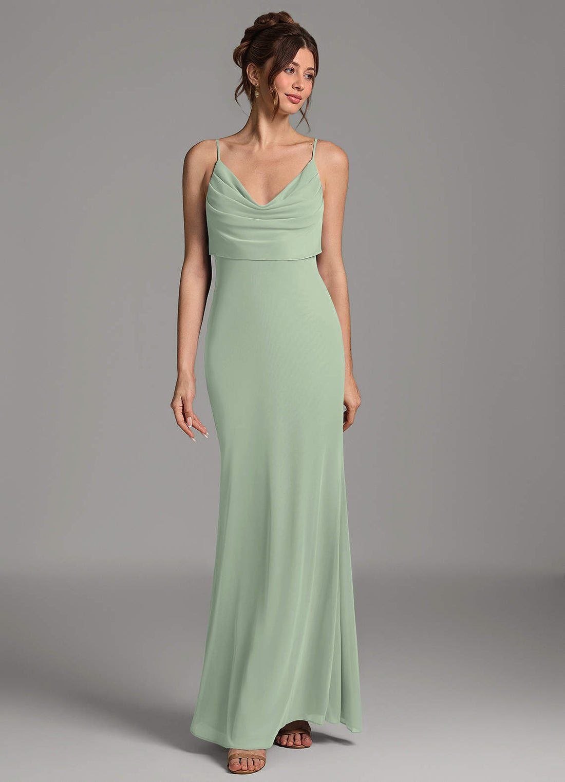 Zari Mermaid Cowl-Neck Mesh Bridesmaid Dress in Dusty Sage