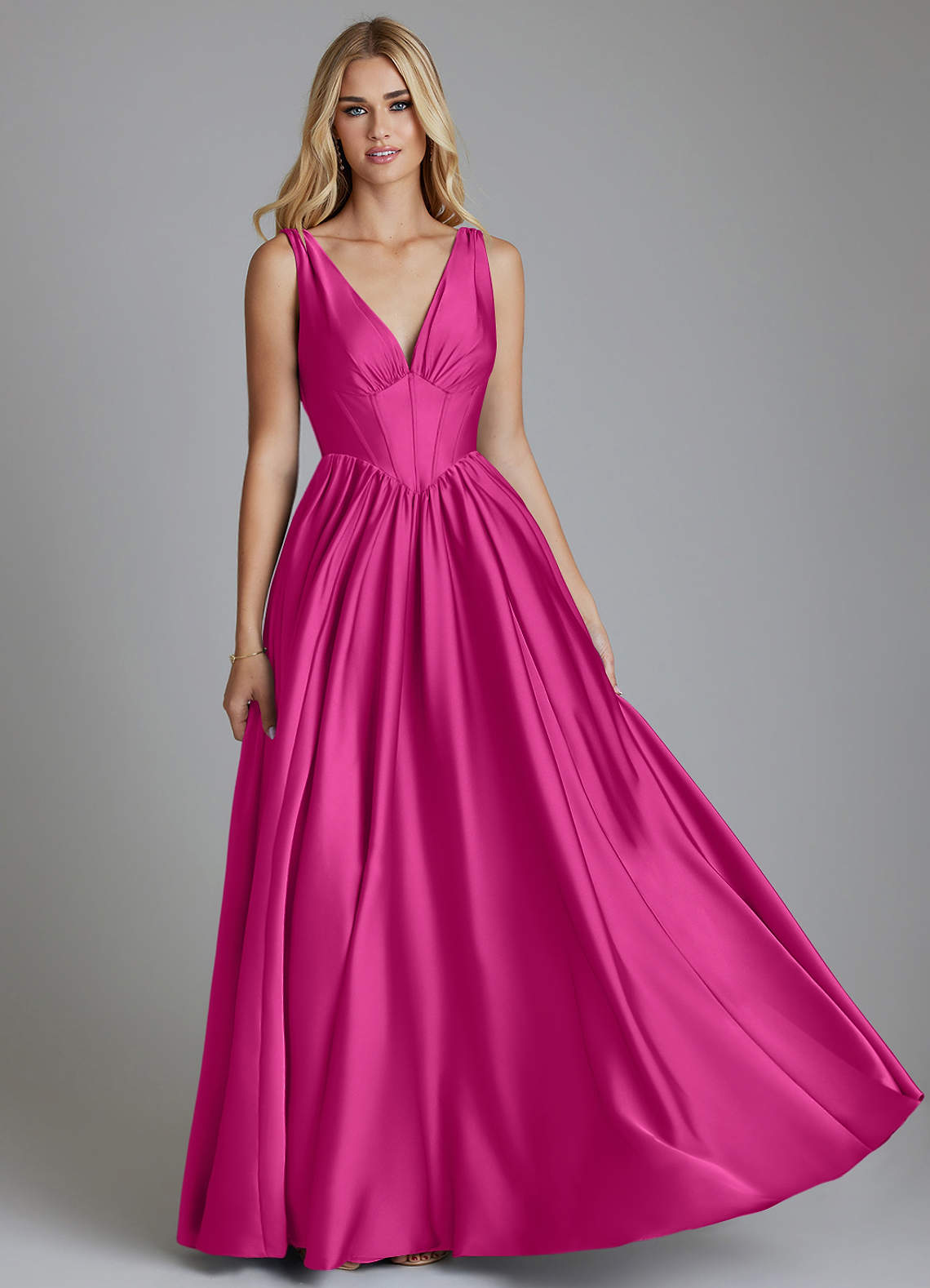 Delmie A-Line V-Neck Stretch Satin Bridesmaid Dress in Fuchsia