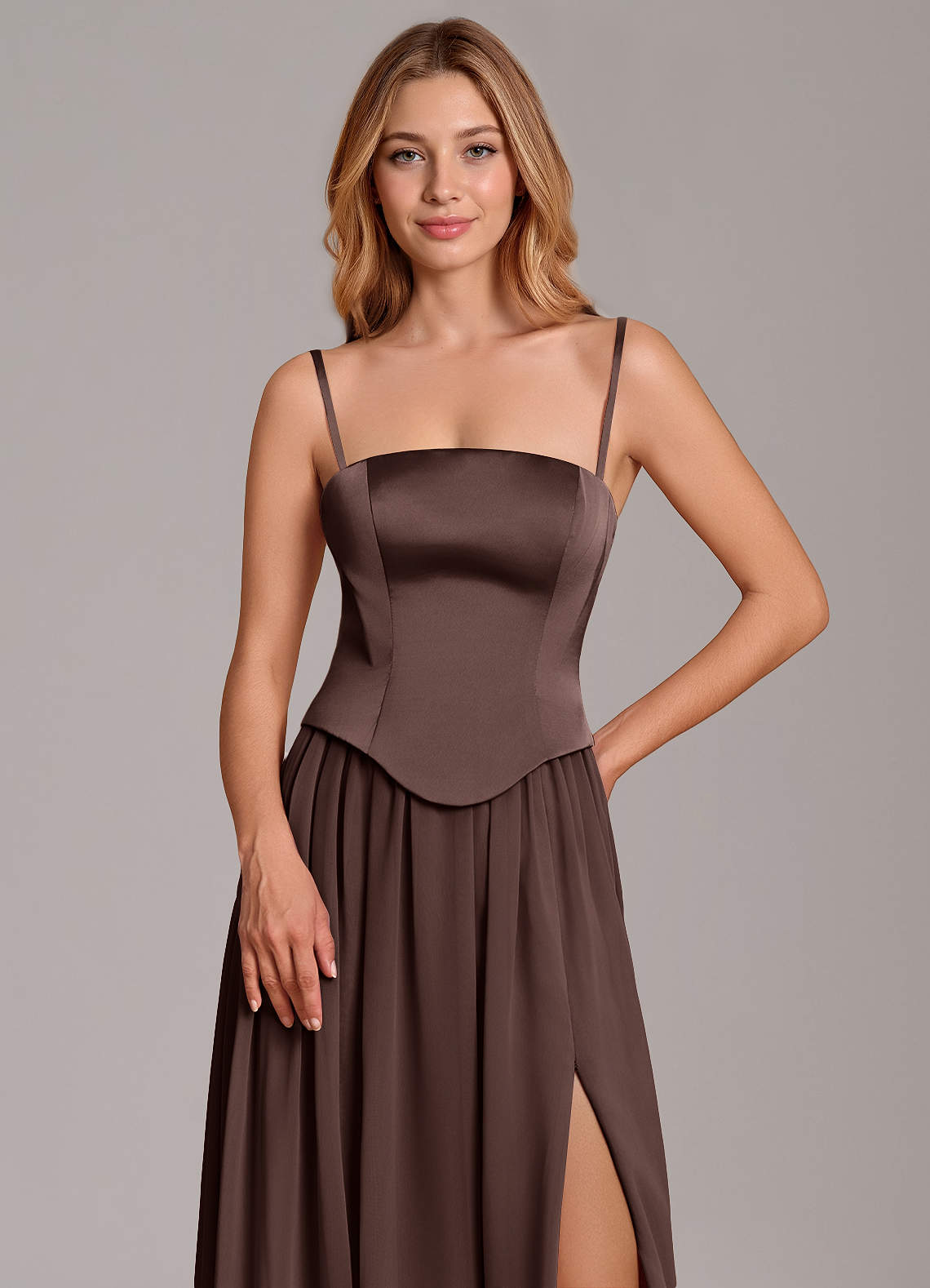 Cadence A-Line Strapless Chiffon and Stretch Satin Bridesmaid Dress in Ganache