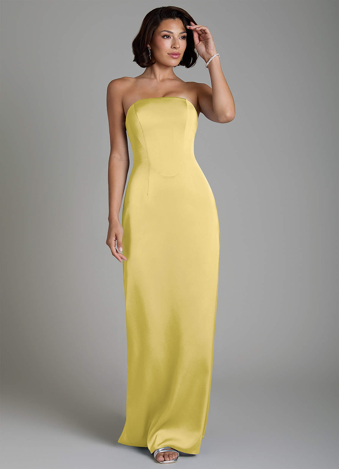 Fallyn Sheath Strapless Stretch Satin Bridesmaid Dress in Canary