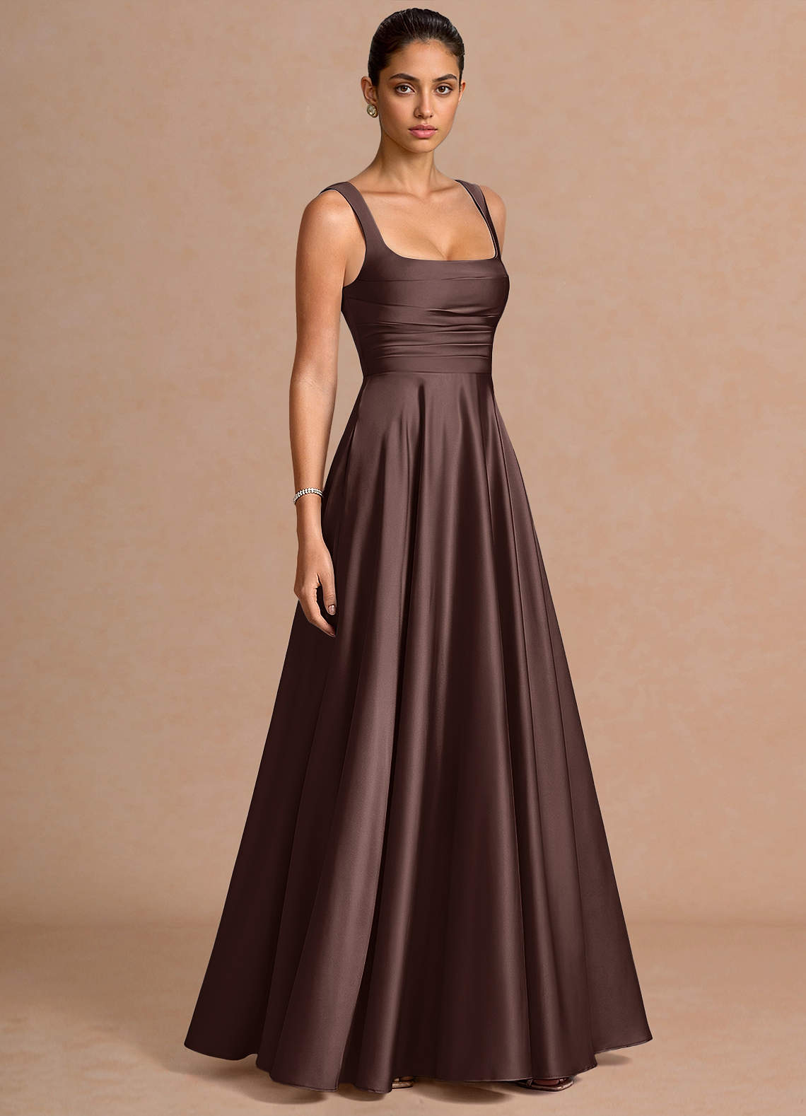 Azaria A-Line Square-Neck Stretch Satin Wedding Guest Dress in Truffle