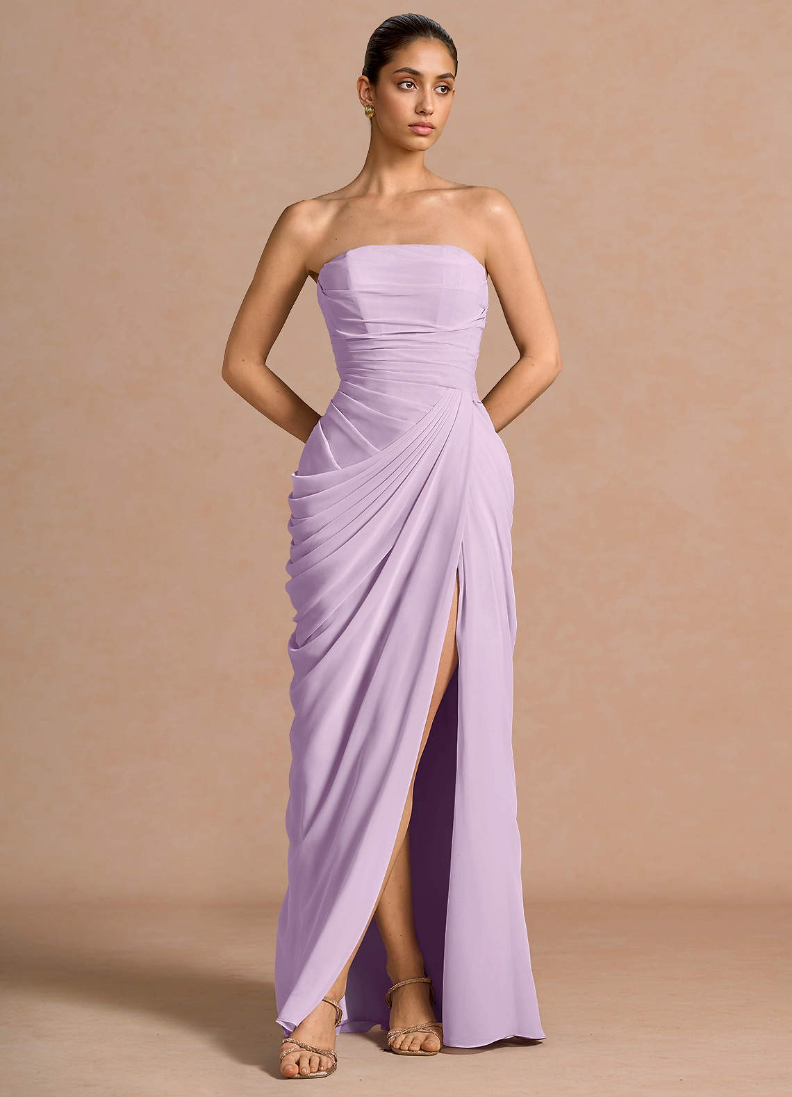 Kaavia Column Pleated Chiffon Maxi Evening Dress in Frosted Lilac