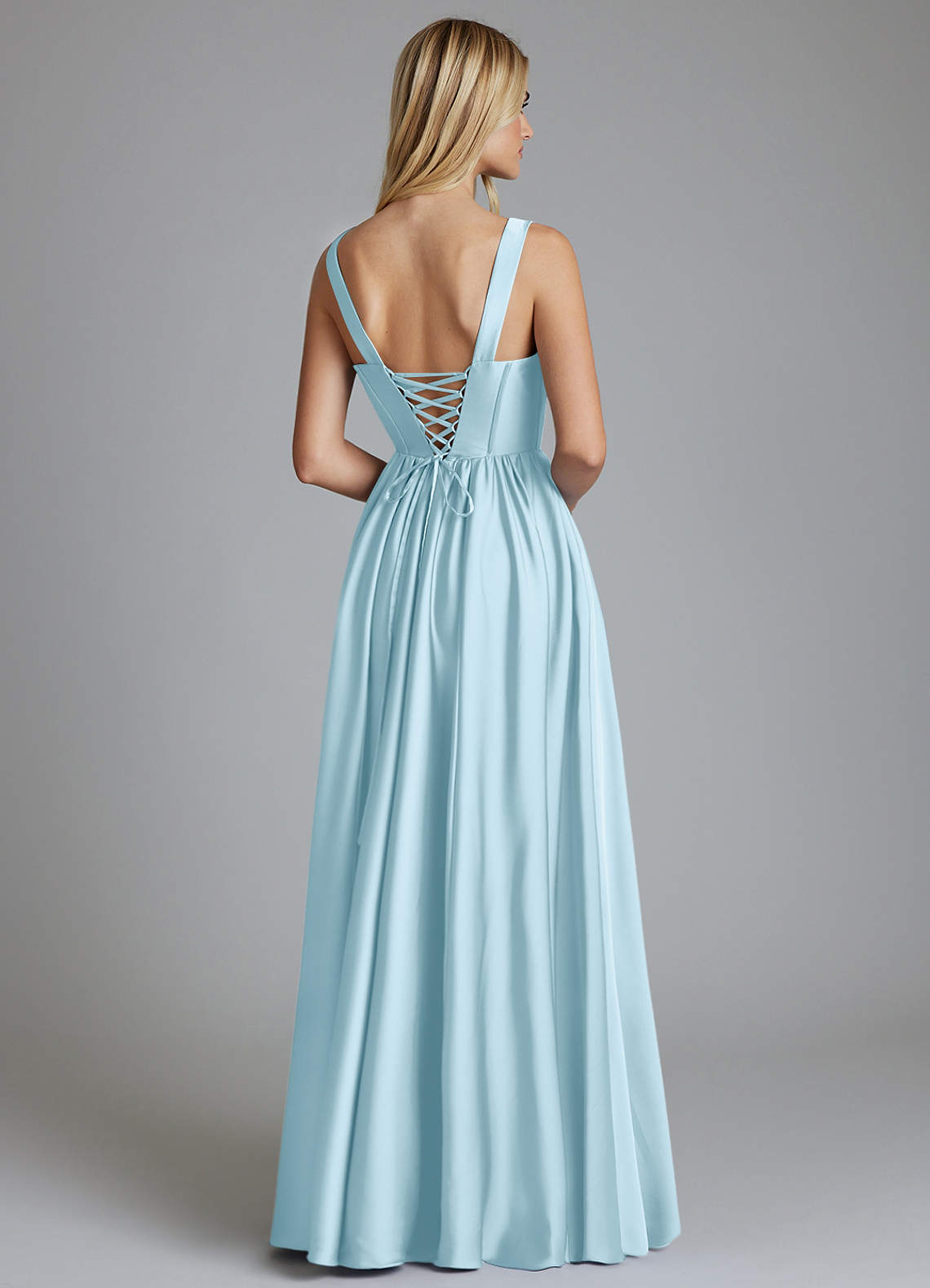 Delmie A-Line V-Neck Stretch Satin Bridesmaid Dress in Sky Blue