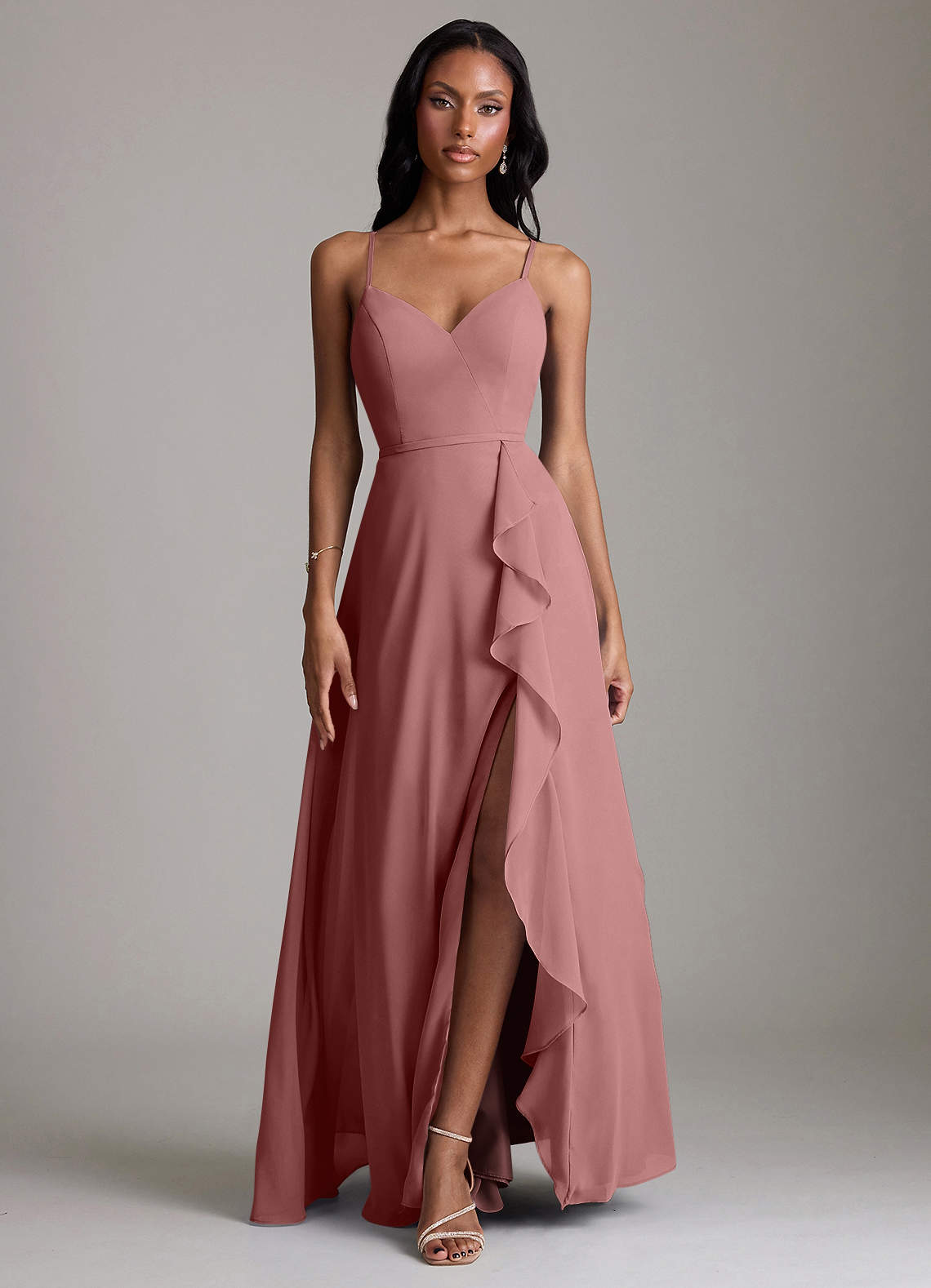 Naeem A-Line V-Neck Chiffon Bridesmaid Dress in Desert Rose