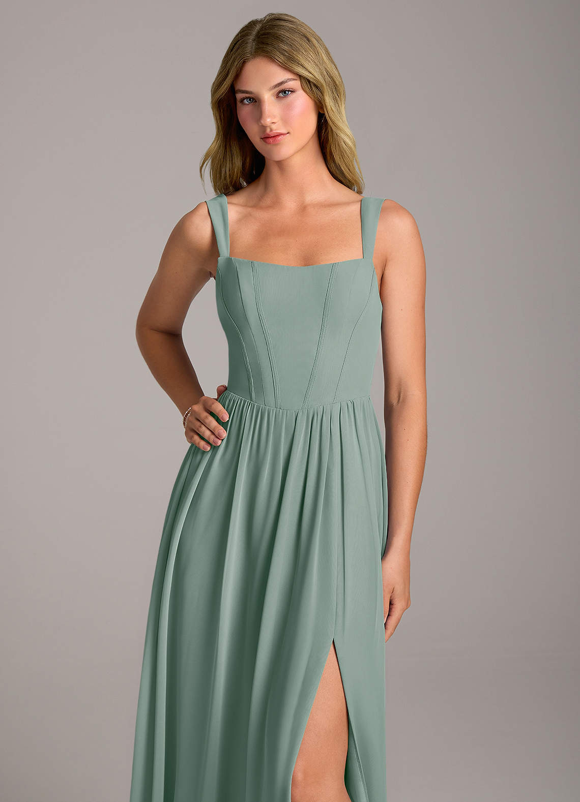 Rosaline A-Line Square-Neck Chiffon Bridesmaid Dress in Silver Sage