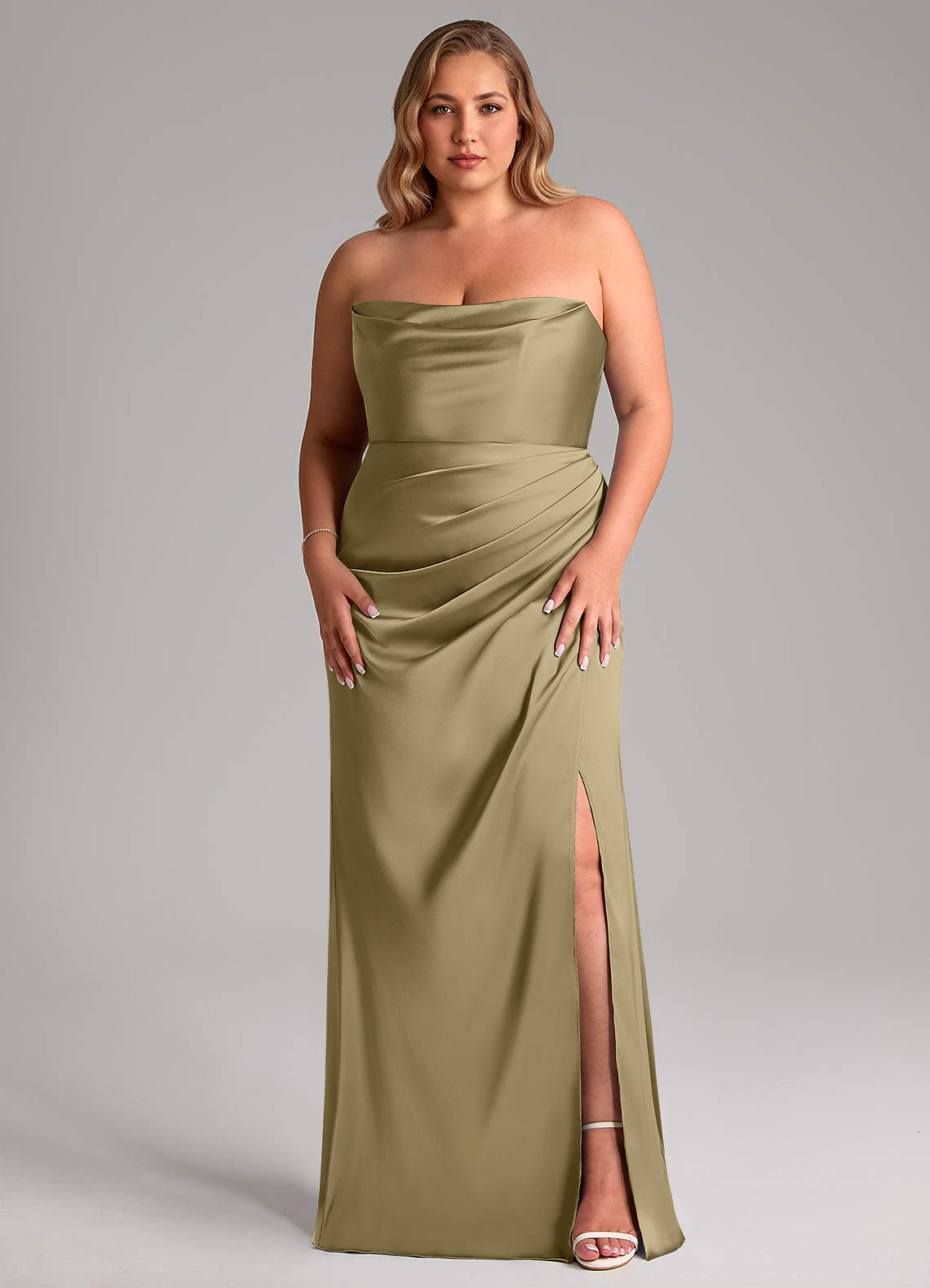 Leonis Mermaid Cowl-Neck Stretch Satin Bridesmaid Dress in Moss Green