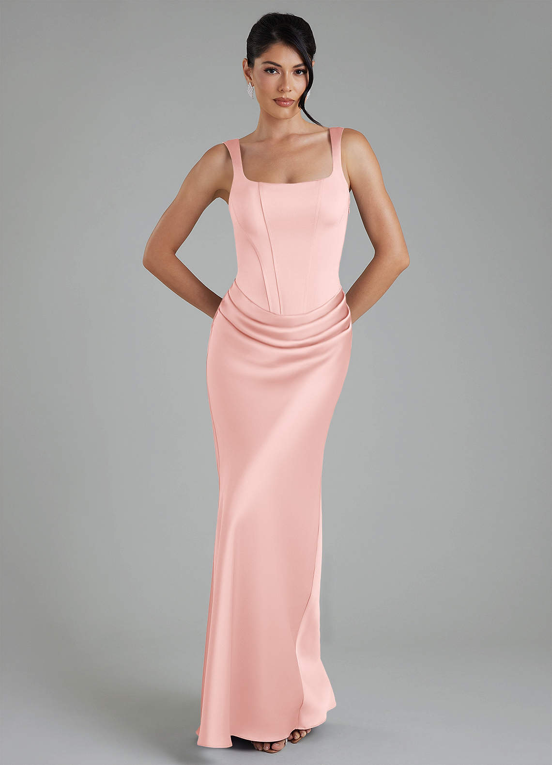 Etta Mermaid Square-Neck Stretch Satin Bridesmaid Dress in Powder Pink