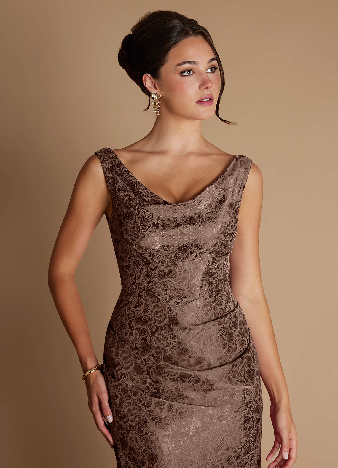 Kiana Mermaid Scoop-Neck Jacquard Wedding Guest Dress in Mocha Coco